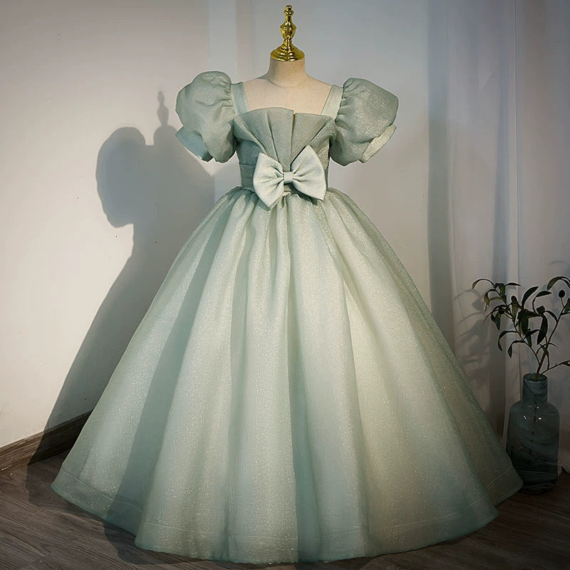 Sage Green Princess Square Neck Floor Length Tulle Flower Girl Dress - Perfect for Weddings, Pageants & Special Occasions