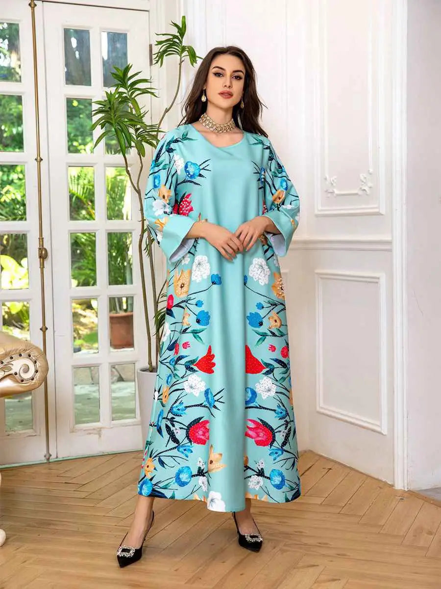 Elegant Eid Dress for Women - Arab Printed Kaftan Caftan Abaya Dress with Long Sleeves - Perfect for Eid Celebrations, Weddings & Special Occasions