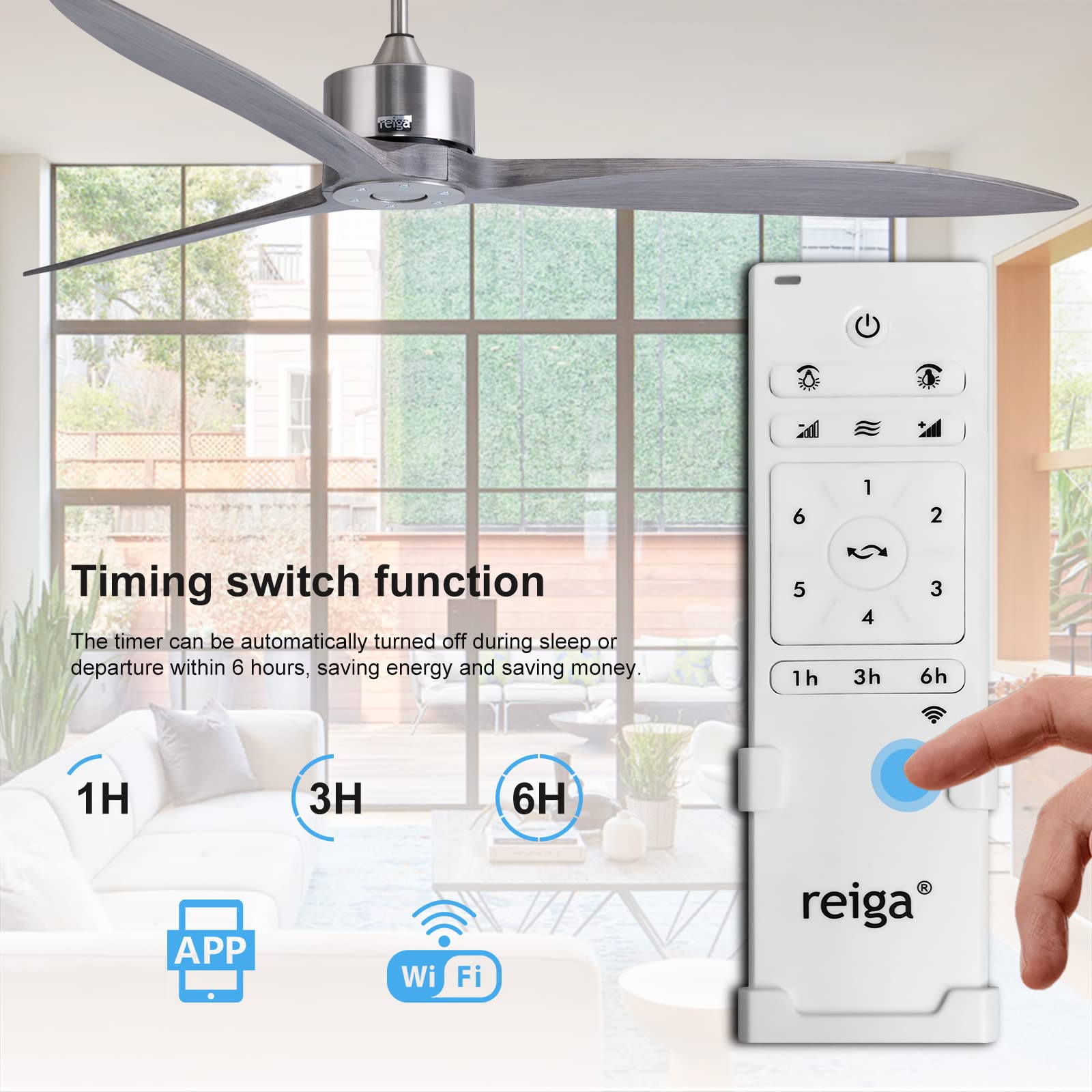 Reiga 65 Inch Wood Blade Ceiling Fan with Remote Control - Quiet DC Motor, No Light - Perfect for Living Room, Bedroom, and Outdoor Patio