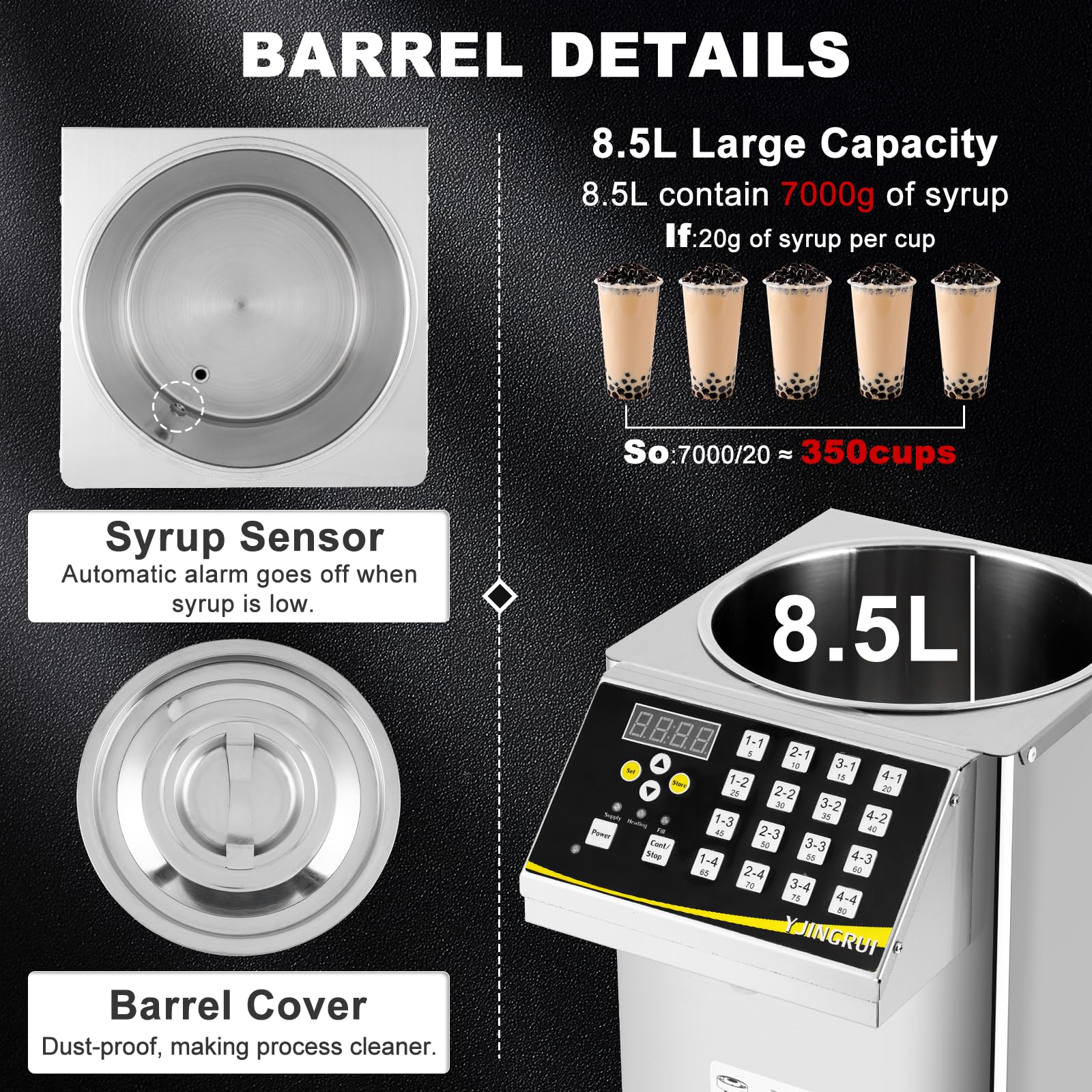 YJINGRUI 8.5L Commercial Fructose Dispenser Machine - Brushed Stainless Steel Syrup Pump for Coffee Shops, Bars & Bubble Tea Stores (110V, 16 Groups) - Perfect for High-Volume Beverage Service & Dessert Topping Applications