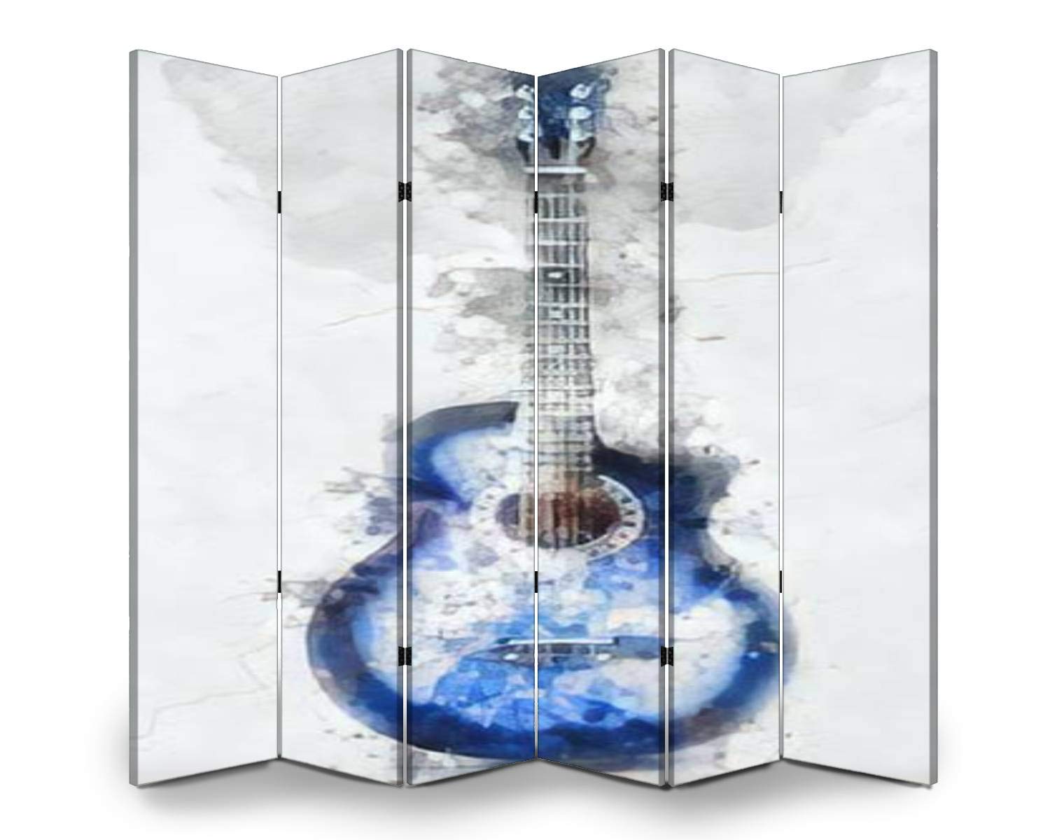 6-Panel Wooden Room Divider with Abstract Guitar Watercolor Painting - Folding Privacy Screen, Dual-Sided Canvas Partition for Home Office, Bedroom & Living Room Decor