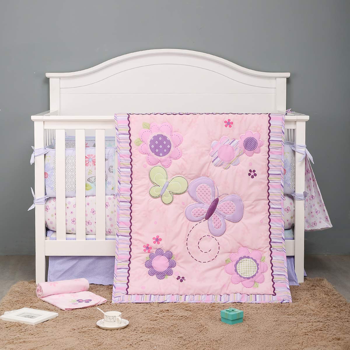 Sweet Baba 6-Piece Butterfly Crib Bedding Set for Baby Girls - Soft Microfiber Pink Nursery Bedding with Comforter, Crib Skirt, Fitted Sheet & Blanket | Perfect for Newborn & Toddler Cribs, Baby Showers & Nursery Decor
