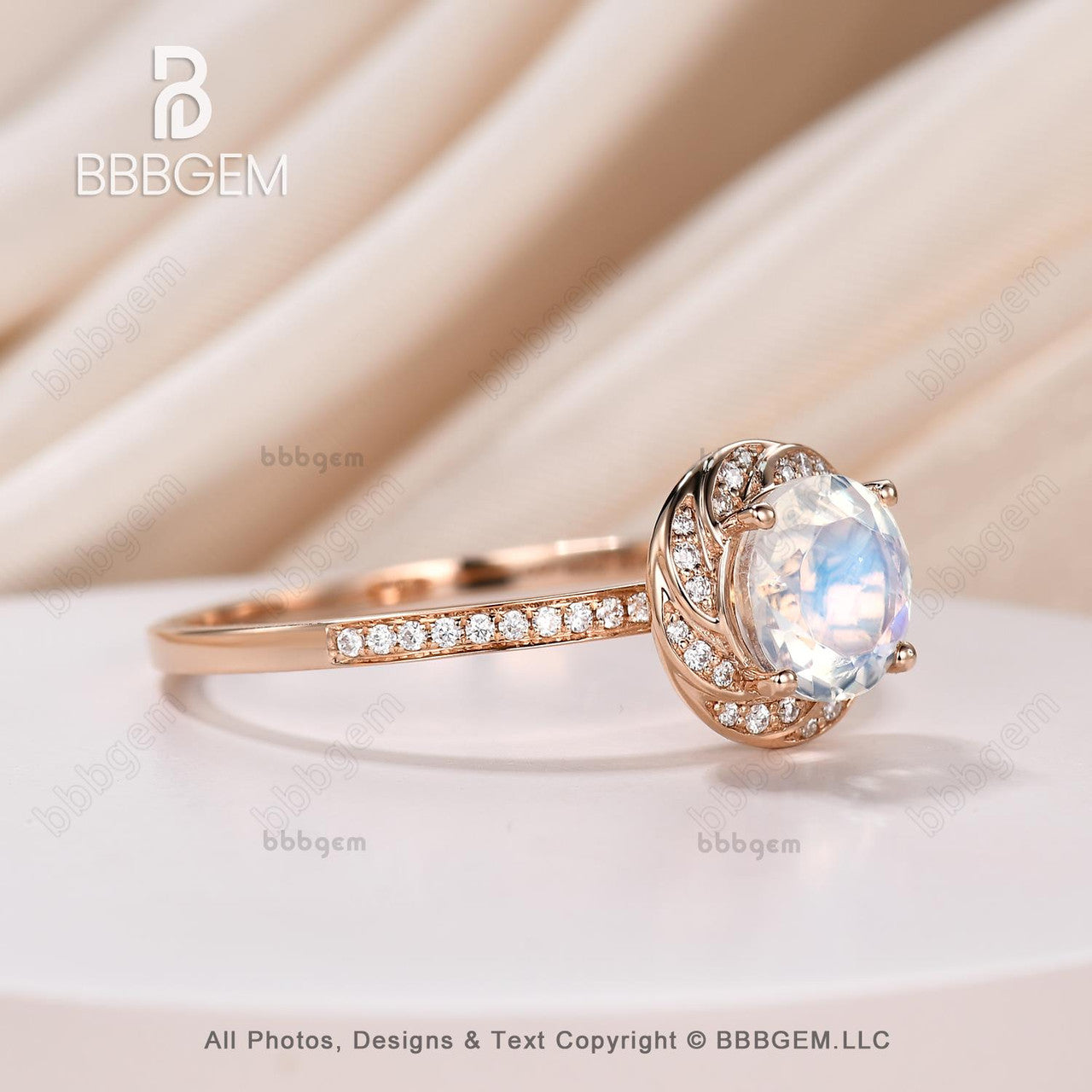 Rose Gold Natural Rainbow Moonstone Engagement Ring with Halo Diamonds - Elegant Wedding Band for Women, Perfect for Proposals, Anniversaries & Bridal Jewelry