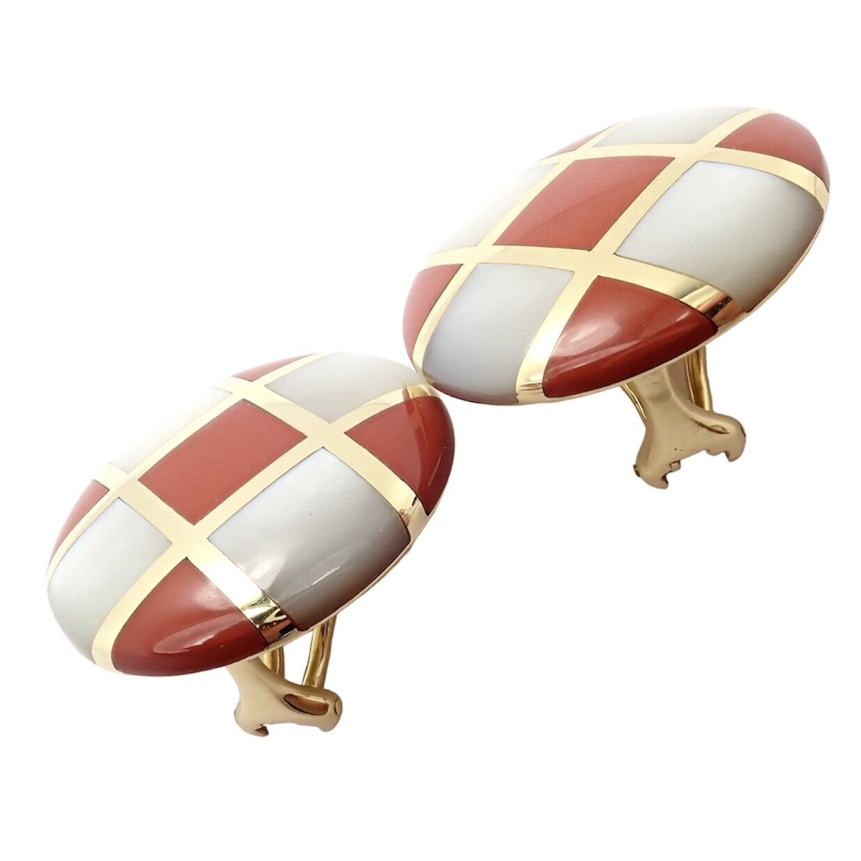 Tiffany & Co Cummings 18k Gold Mother of Pearl Carnelian Checkerboard Earrings - Luxury Jewelry for Women, Perfect for Weddings, Parties & Special Occasions