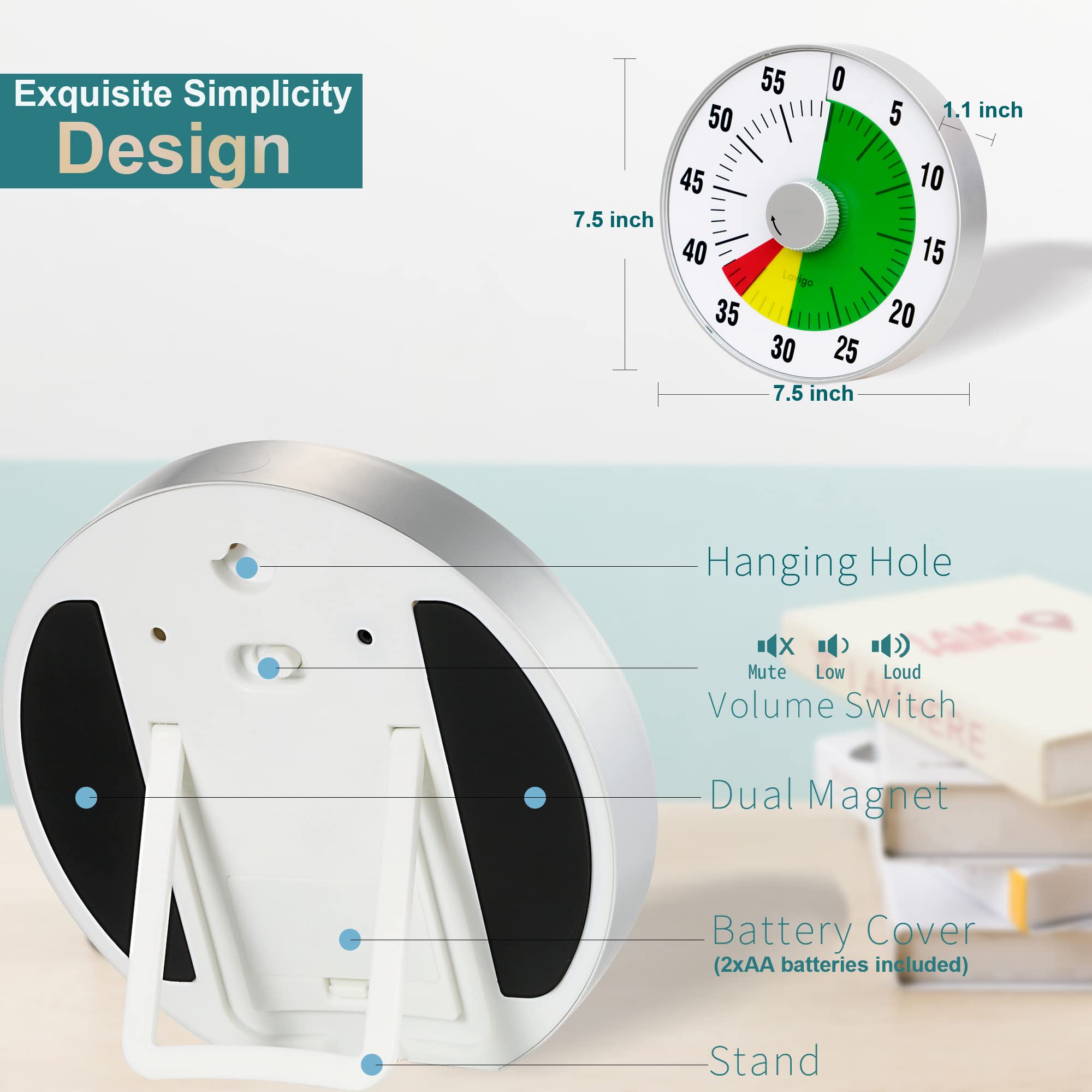 Lavigo 7.5 Inch Kitchen Timer - Visual Countdown Analog Timer with Quiet Operation & Adjustable Alarm (Low/Mute) for Cooking, Baking, Classroom, Office, Gym - Perfect for Teachers, Kids & Adults (Green LT21-TC) | Ideal for Meal Prep, Study Sessions & Workout Timing