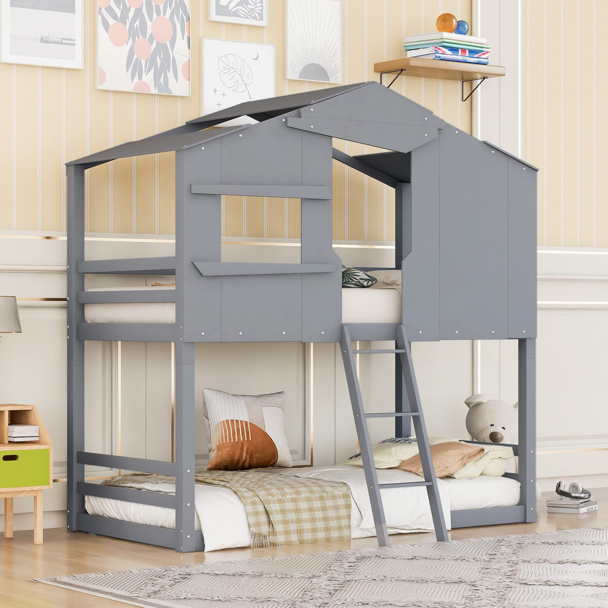 Polibi Wooden Twin Over Twin Bunk Bed with Roof, Window & Ladder - Kids Playhouse Loft Bed for Bedroom, Playroom & Indoor Fun