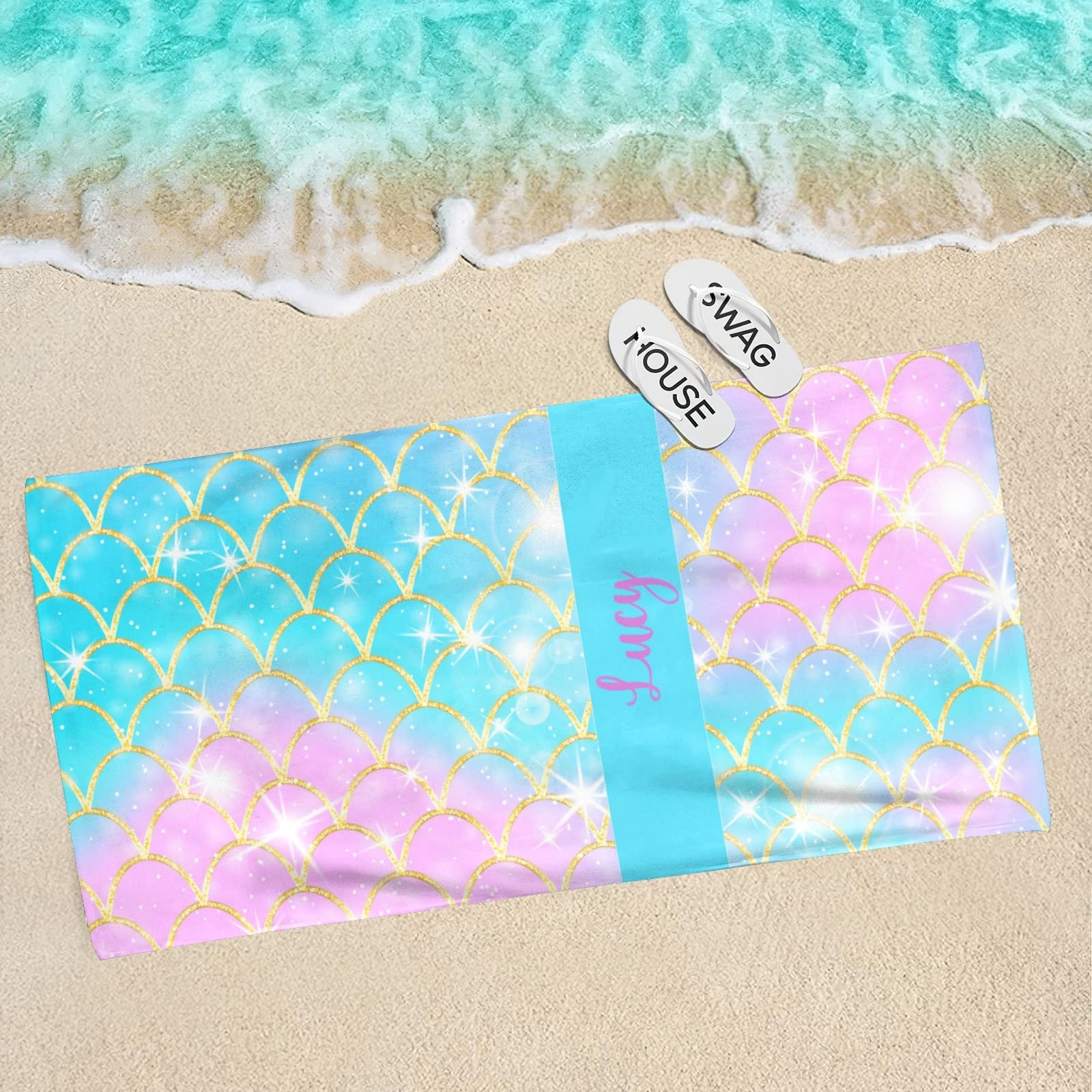Custom Kids Beach Towels with Name - Personalized Mermaid Beach Towels for Girls, Quick Dry Microfiber, Fish Scales Design - Perfect for Pool, Beach, and Summer Vacations