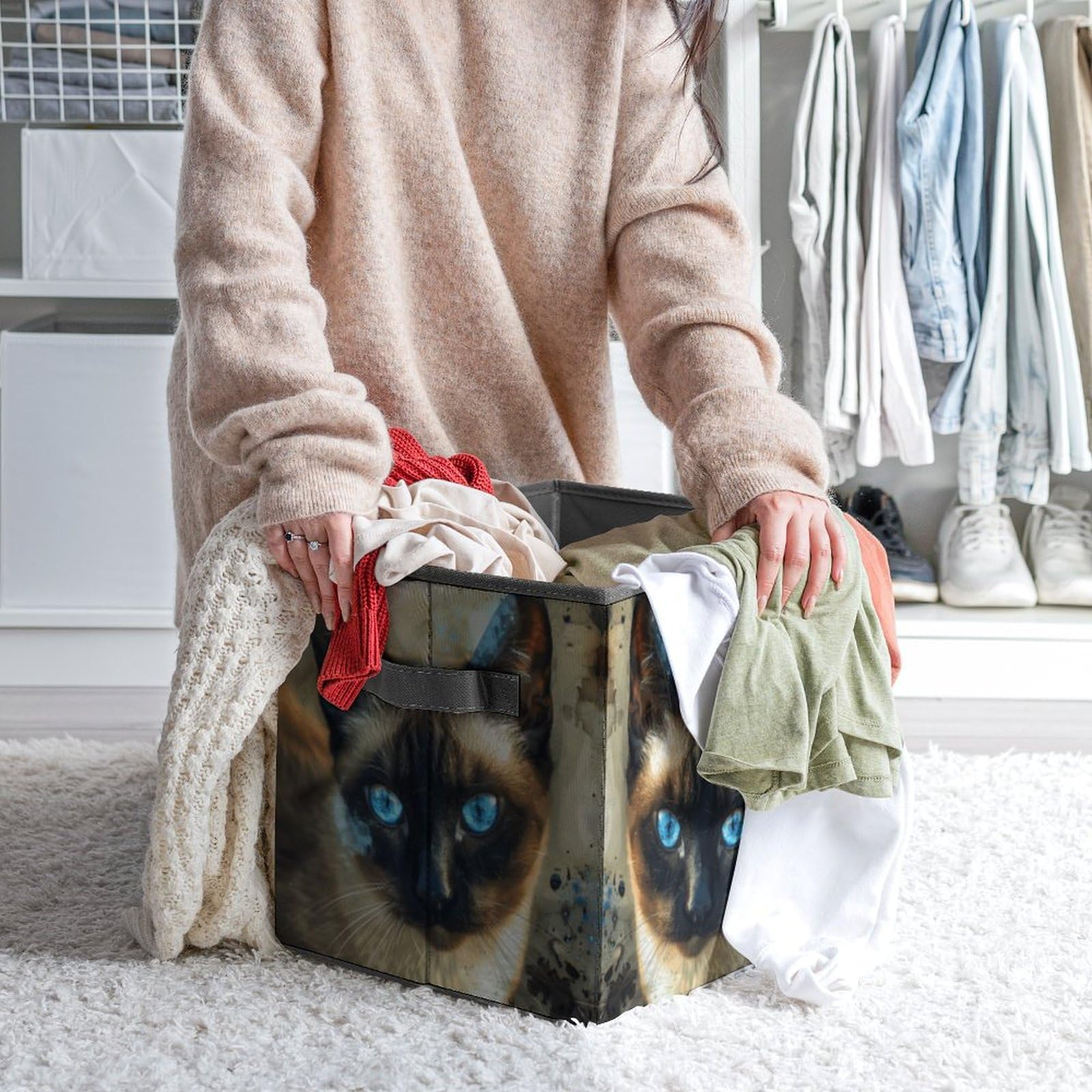Collapsible Storage Cubes with Handles - 10.6×10.6 Inch Foldable Fabric Bins for Home Organization | Siamese Cat Printed Design | Perfect for Closet, Nursery, Office & Laundry Room Storage