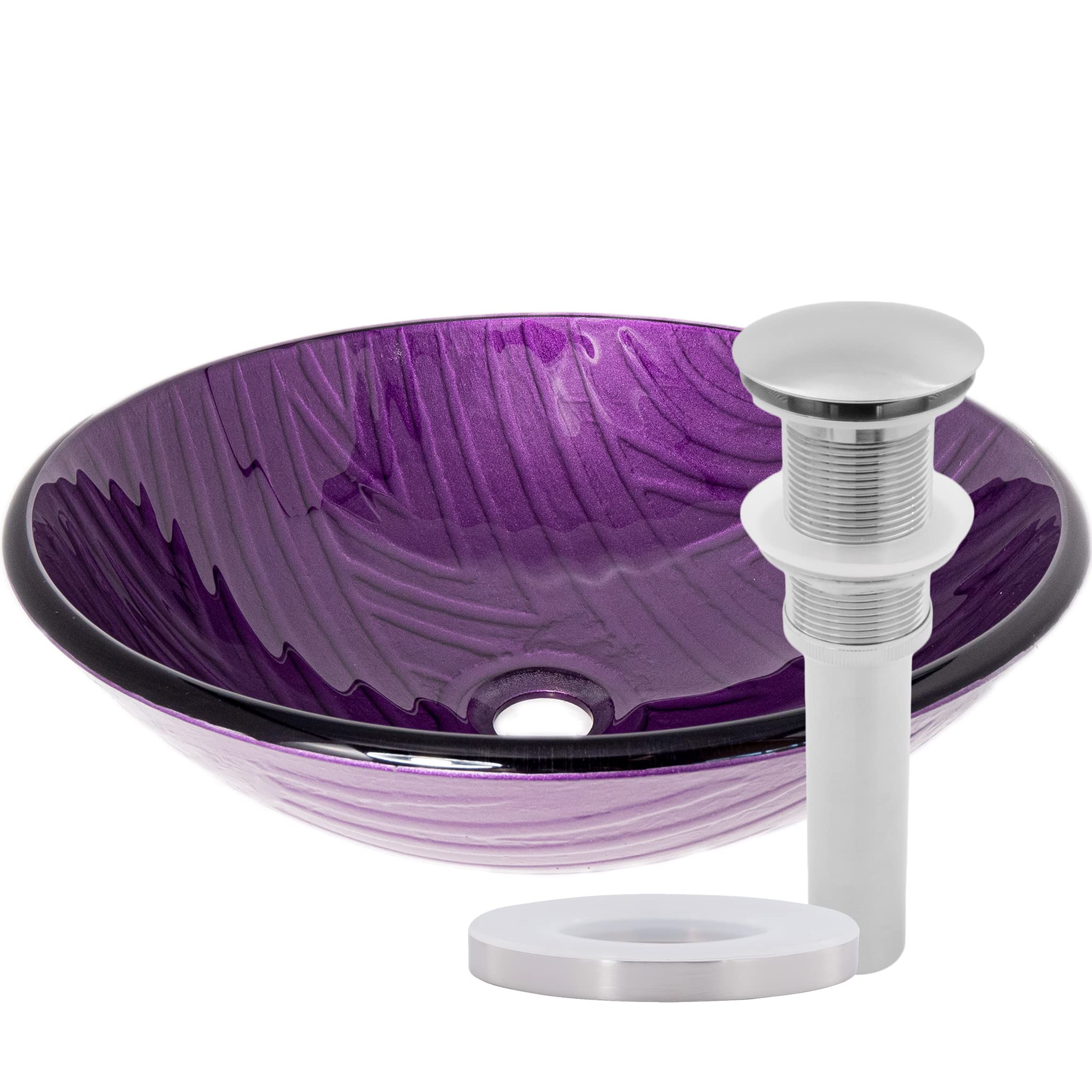 Novatto Purple Painted Glass Vessel Bathroom Sink Set with Brushed Nickel Faucet - Modern Vanity Sink for Bathroom, Powder Room & Guest Bath Decor