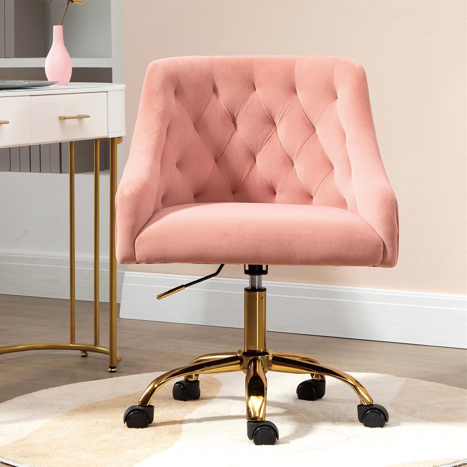 Modern Velvet Swivel Desk Chair with Wheels - Mid-Back Home Office Computer Chair, Elegant Upholstered Task Chair for Women & Girls (Pink & Gold) | Perfect for Small Spaces, Dorm Rooms, Vanity Desks & Cozy Home Offices