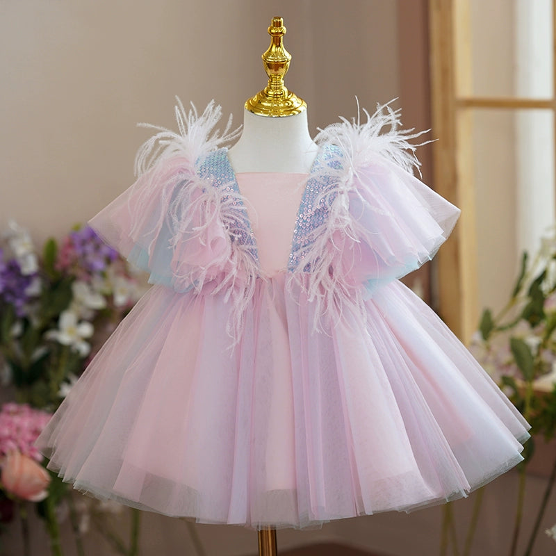 Pink Satin Flower Girl Dress for Princess - Tea Length Square Neckline - Perfect for Weddings, Parties & Special Occasions