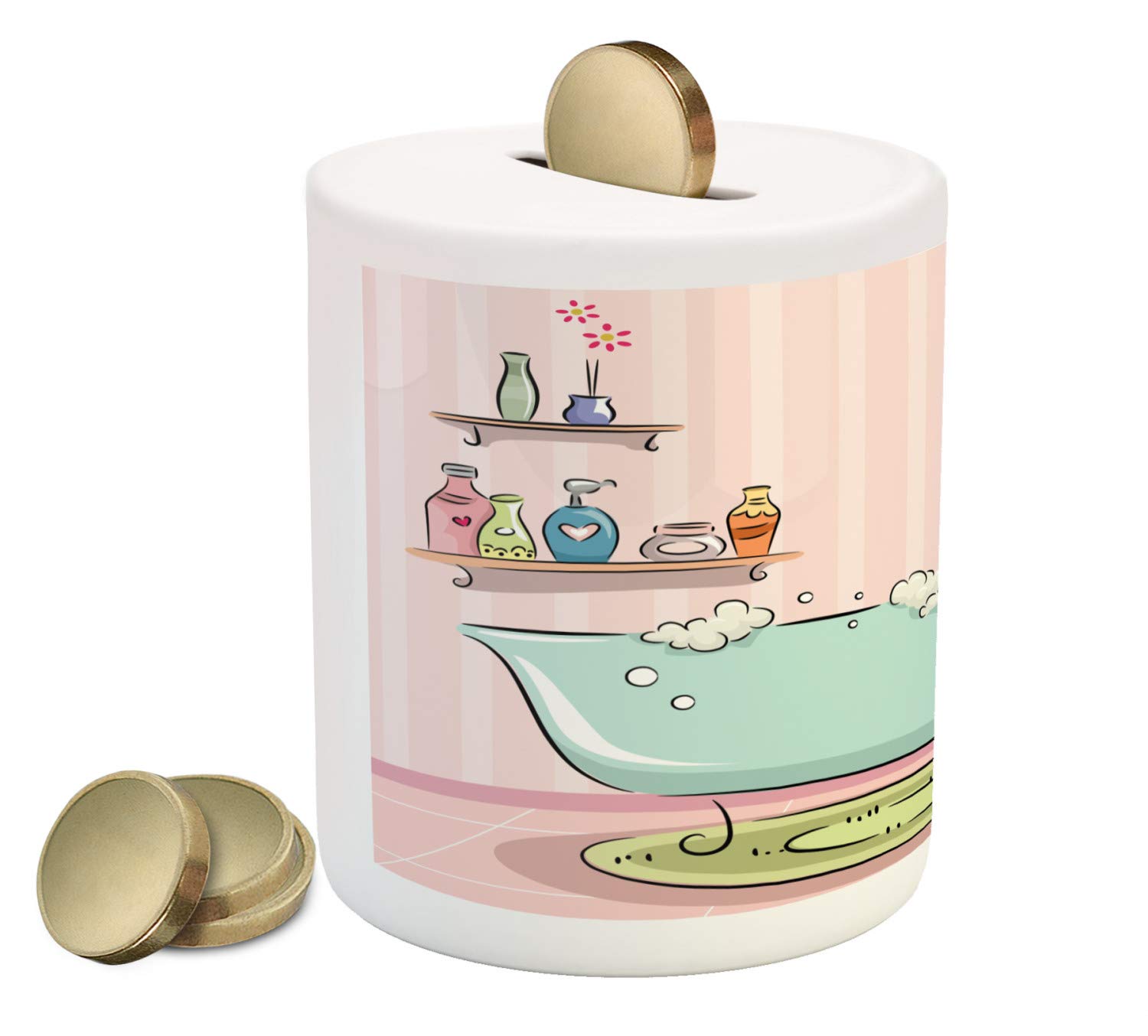 Lunarable Ceramic Piggy Bank for Girls - Bathtub with Bubbles Illustration, Pink & Blue Aromatherapy Coin Bank for Cash Savings | Perfect Gift for Birthdays, Room Decor & Money Saving Goals