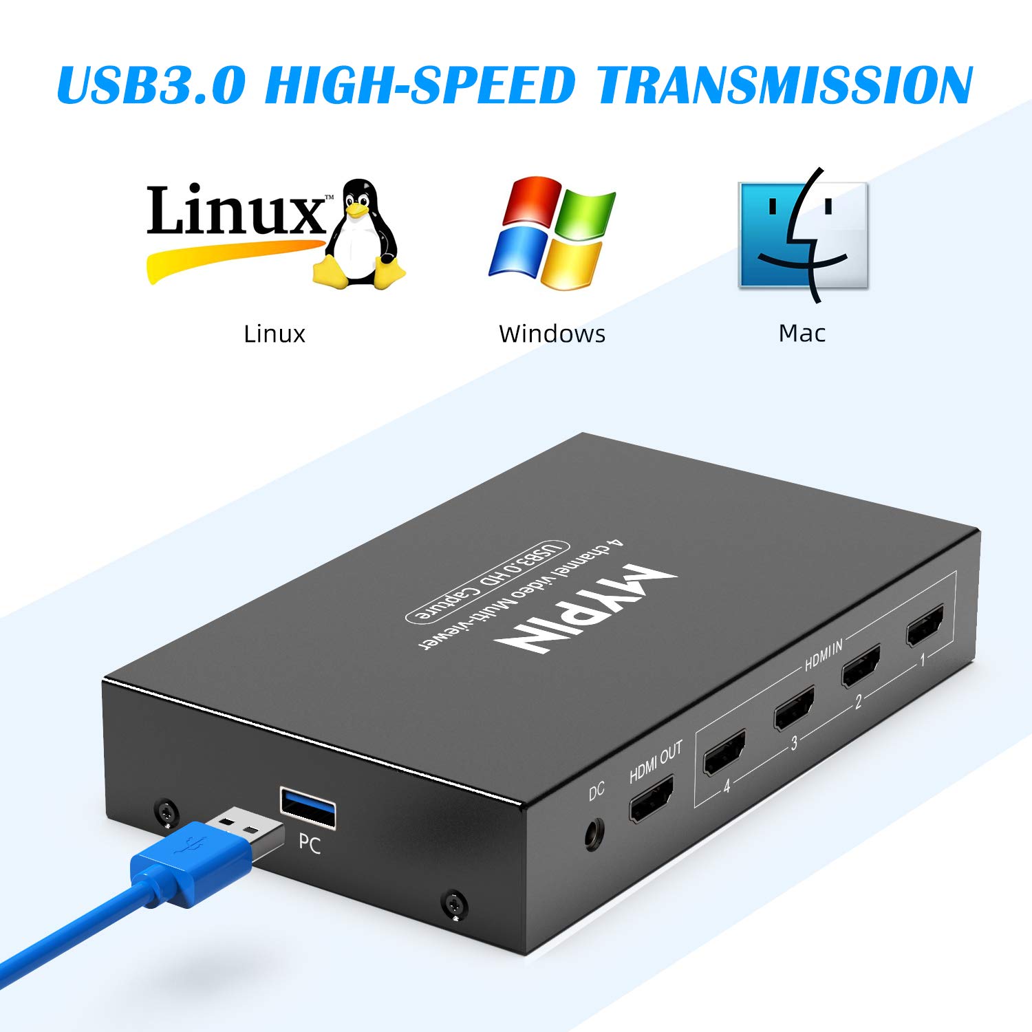 MYPIN USB 3.0 HDMI Video Capture Card - 4K 1080P 60fps Multi-Channel Game Capture Device with Loop Out for Xbox One, PS4, Wii U, Nintendo Switch - Perfect for Live Streaming, Gaming, Video Recording & Content Creation
