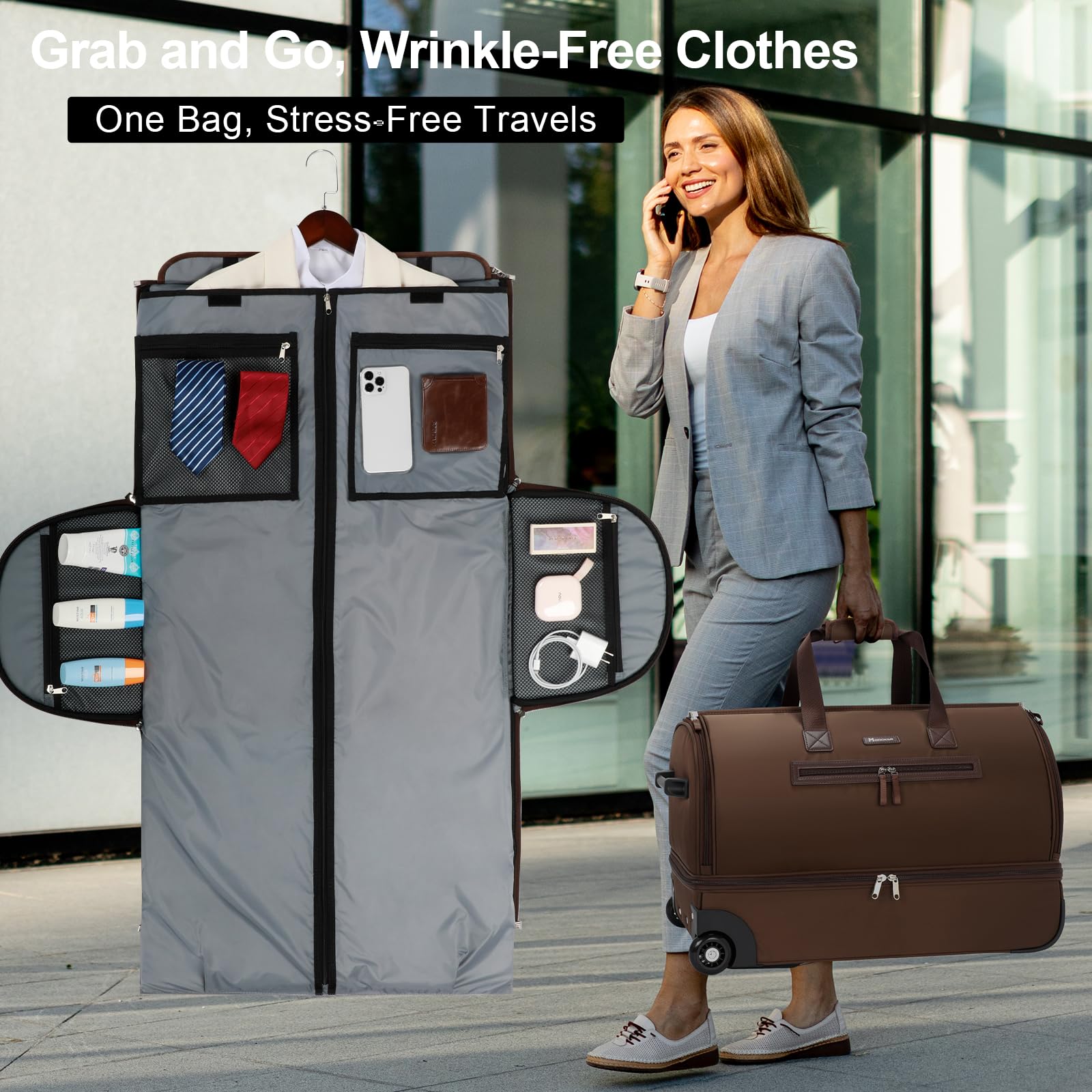 Modoker Convertible Rolling Garment Bag for Travel - Expandable Suitcase with Wheels, Trolley Handle & Shoe Compartment | Business Trip Luggage, Weekender Duffel Bag for Men & Women (Brown) - Perfect for Air Travel, Business Meetings & Weekend Getaways