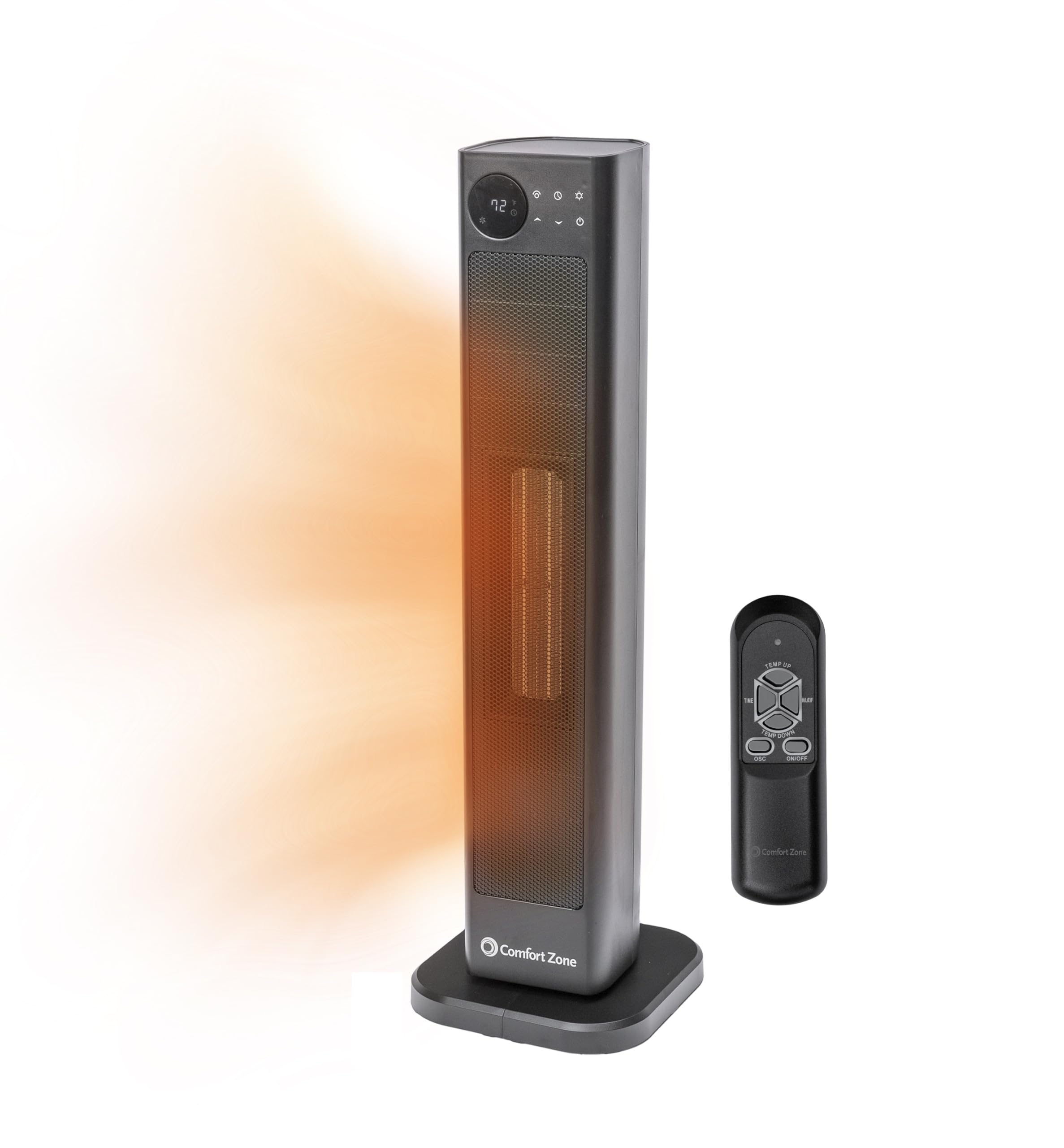 Comfort Zone 1500W Portable Space Heater for Indoor Use - 30 Inch, Remote Control, Adjustable Thermostat, 12H Timer, 90° Oscillation, Temperature Display - Perfect for Bedroom, Office & Home Heating