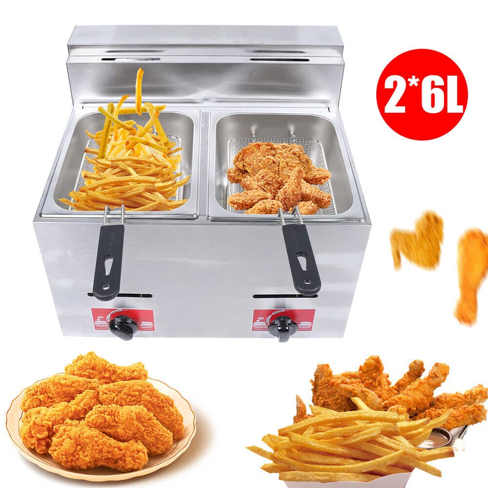 12L Dual Tank Commercial LPG Gas Deep Fryer - 2 Stainless Steel Fry Baskets, High Capacity Countertop Kitchen Equipment for Restaurants, Fast Food Stands & Supermarkets | Perfect for French Fries, Chicken Wings & Seafood Frying