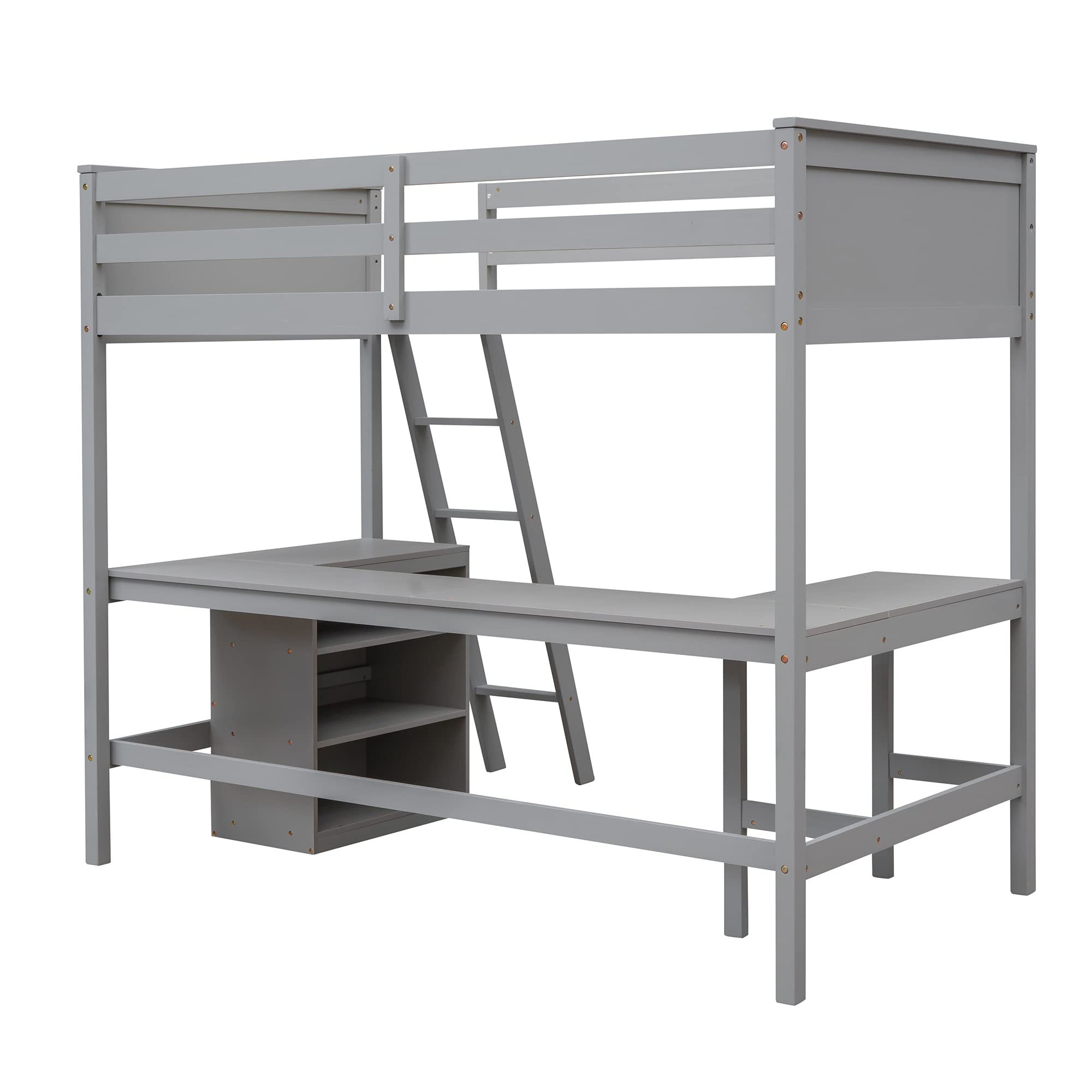 **Twin Loft Bed with Desk & Shelves - Sturdy Wood Loft Bed Frame with Storage Drawers for Kids, Teens & Adults - Space-Saving Gray Bedroom Furniture for Small Rooms, Dorms & Apartments**