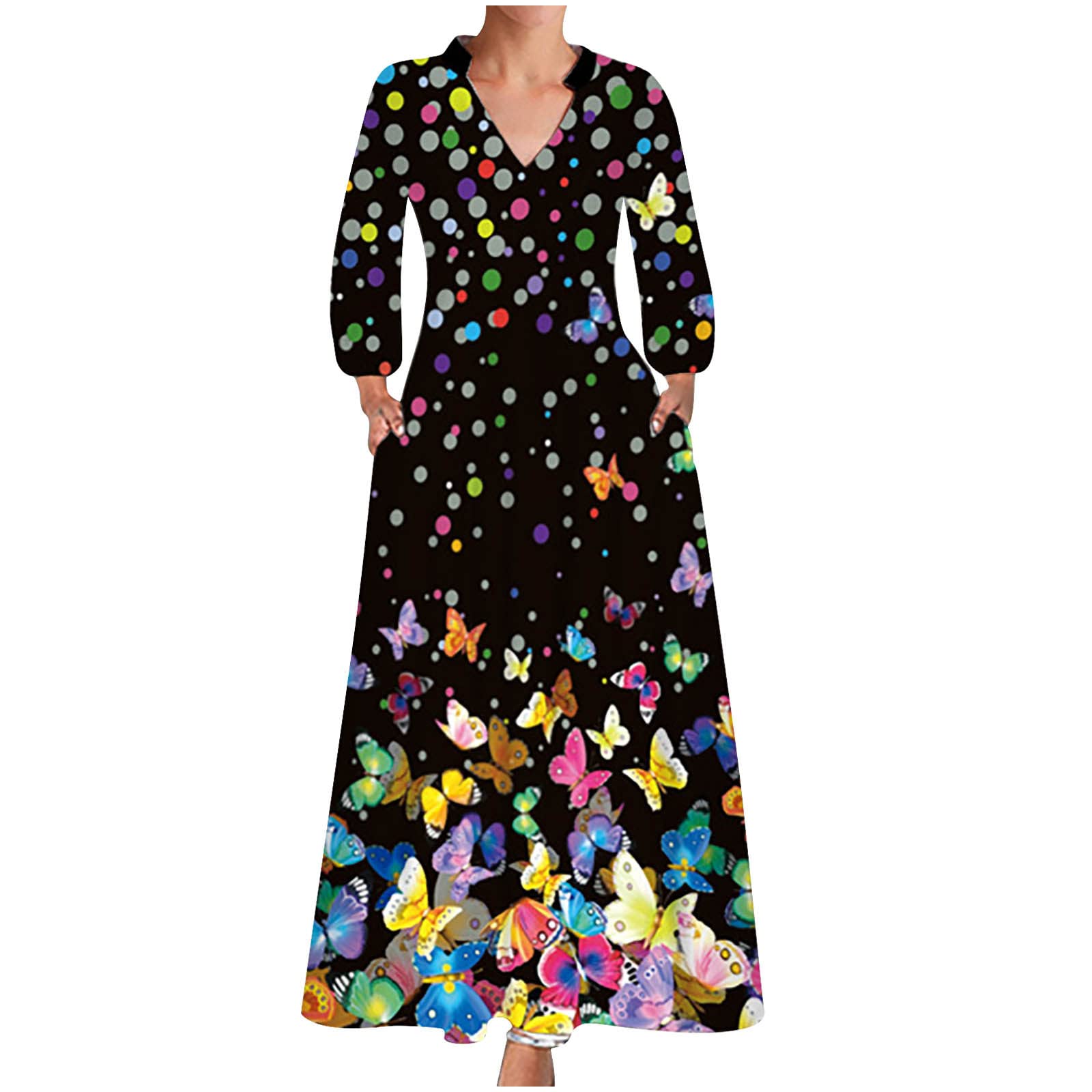 Pimelu Women's Long Sleeve V-Neck Loose Pleated Waist Dress with Pockets - Casual Autumn Printed Zipper Maxi Dress for Vacation, Date Night & Office Wear
