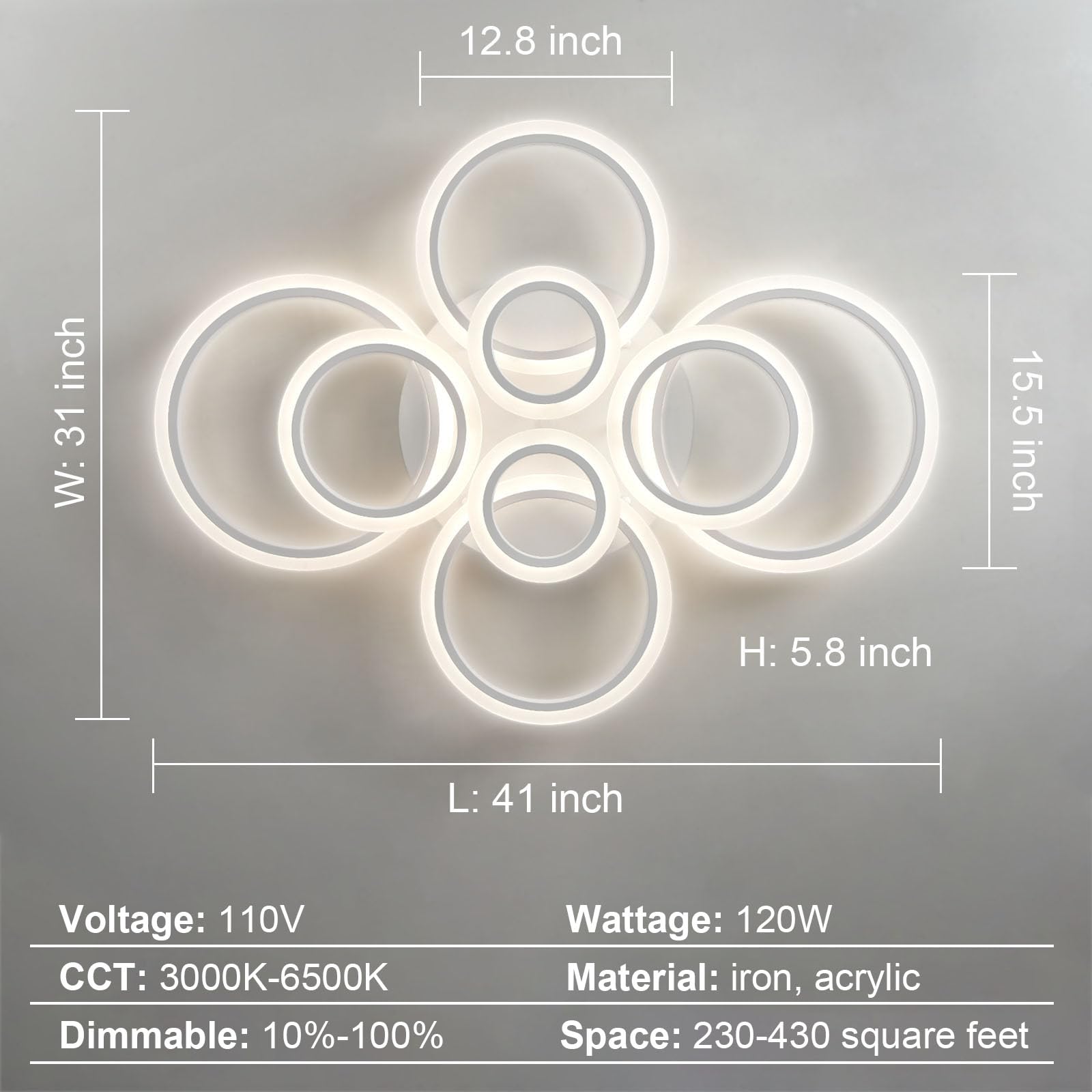 41 Inch Modern LED Flush Mount Ceiling Light - Dimmable 8 Ring White Fixture with Remote Control for Living Room, Bedroom, Kitchen & Dining Room | Perfect for Ambient Lighting and Home Decor