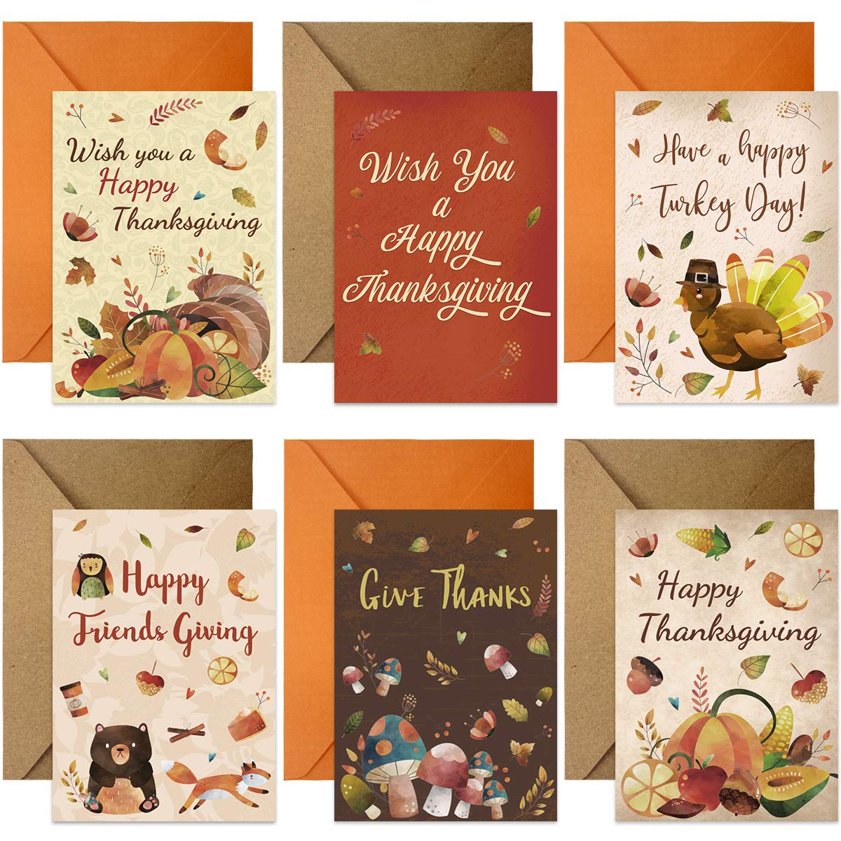 12 Thanksgiving Greeting Cards with Envelopes - 5x7 Inch Blank Inside Cards for Kids, Adults, Friends & Family - Perfect for Thanksgiving Wishes, Classroom Activities & Holiday Gifting