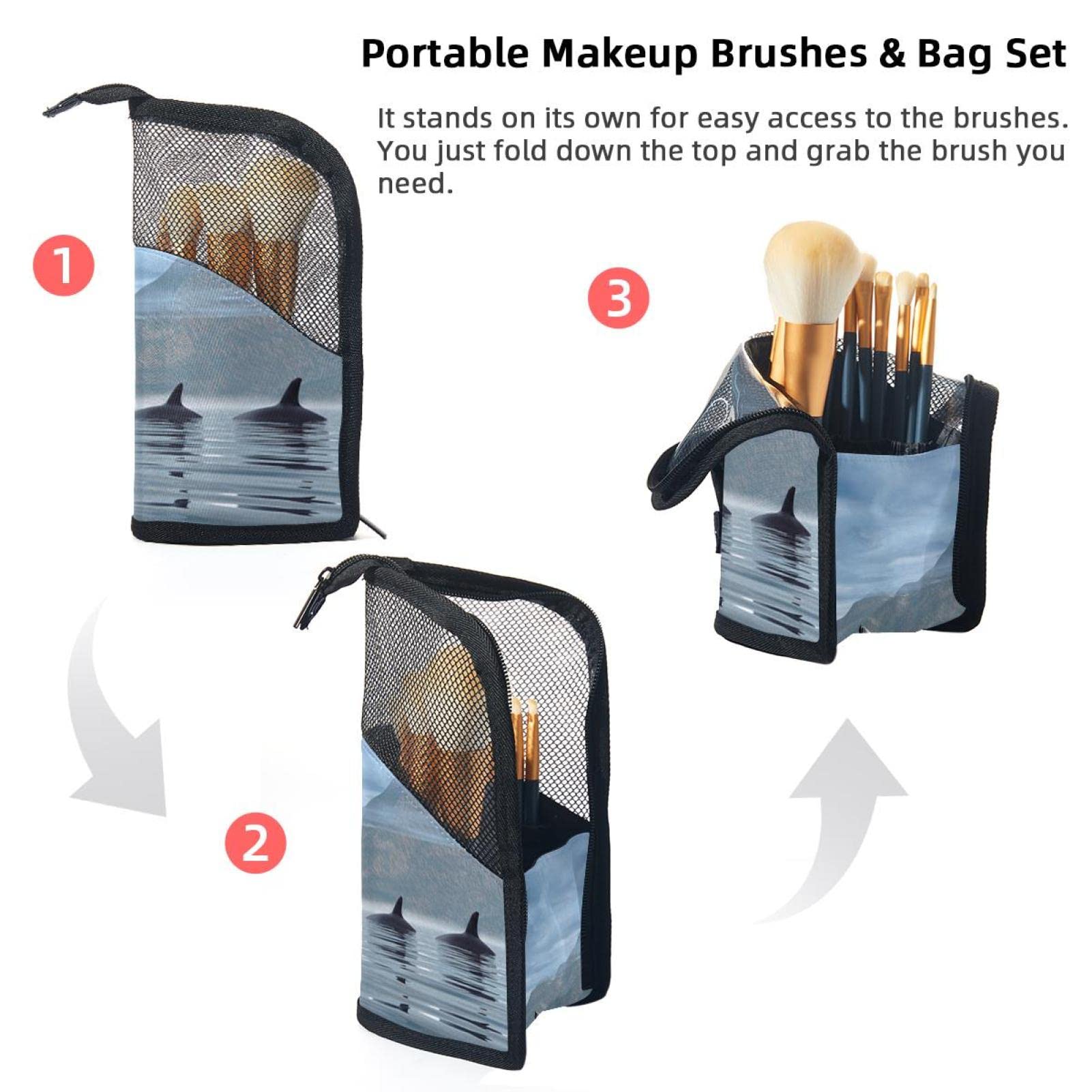 Premium Makeup Brush Organizer Bag with 12 Slots - Ocean & Mountain Whale Design - Portable Cosmetic Brush Holder Case for Travel, Home & Professional Makeup Artists