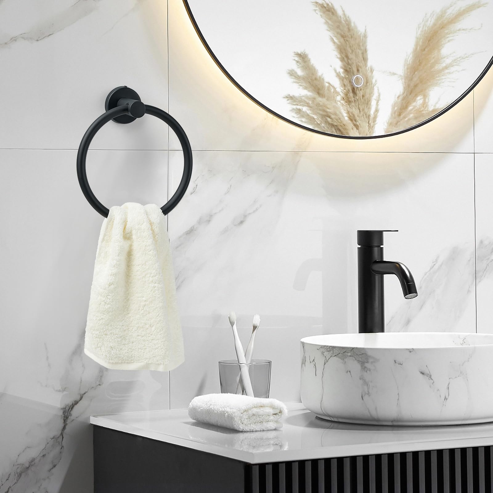 Black Stainless Steel Towel Ring for Bathroom & Kitchen - Modern Wall Mount Hand Towel Holder - Rustproof Round Towel Rack for Bath, Spa, and Home Decor (Perfect for Guest Bathrooms & Kitchen Towel Organization)