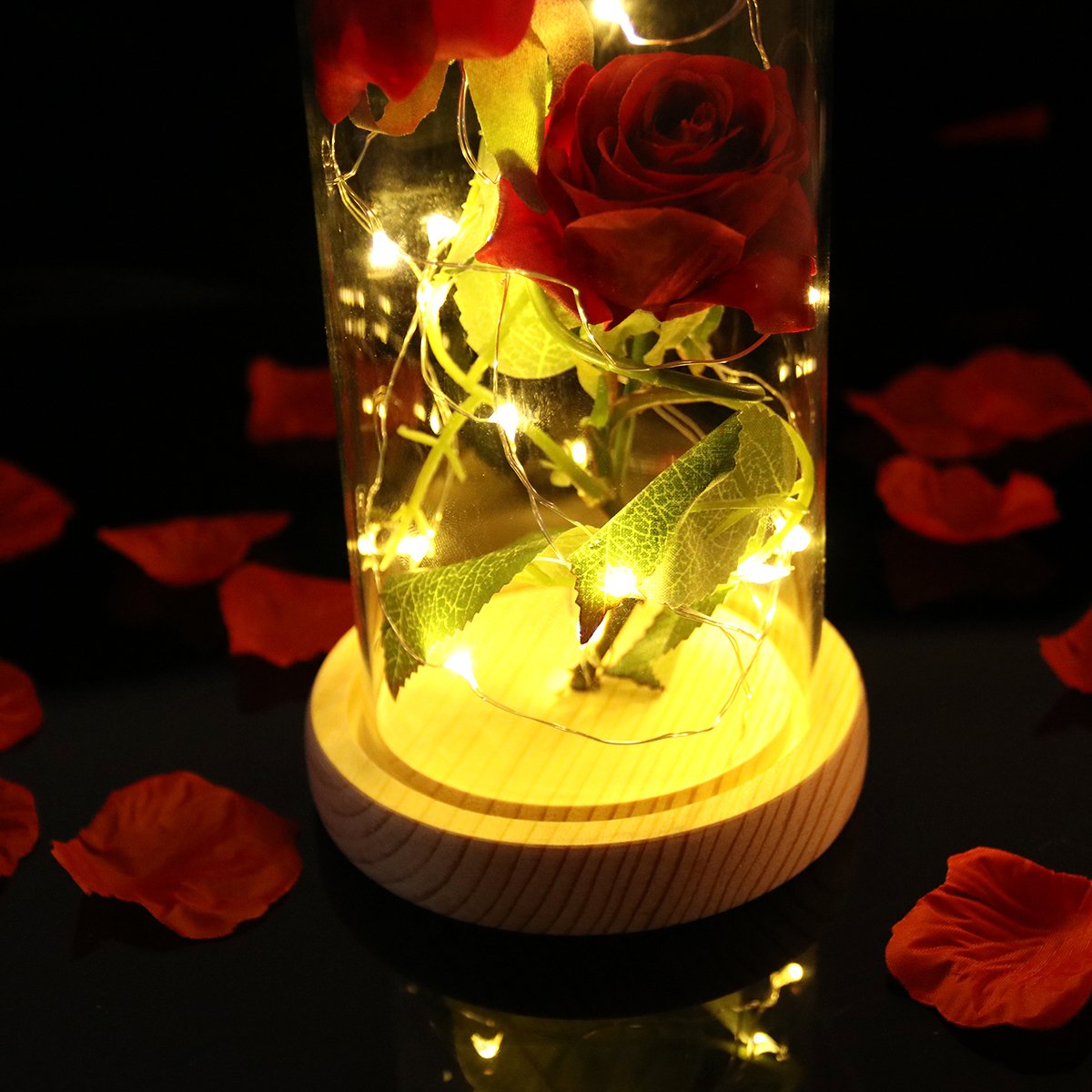 Enchanted Red Silk Rose with LED Fairy String Lights in Glass Dome - Romantic Gift for Wedding, Anniversary, Birthday, Christmas, Valentine's Day & Mother's Day - Perfect for Home Decor, Bedroom Nightlight, and Special Occasion Centerpieces