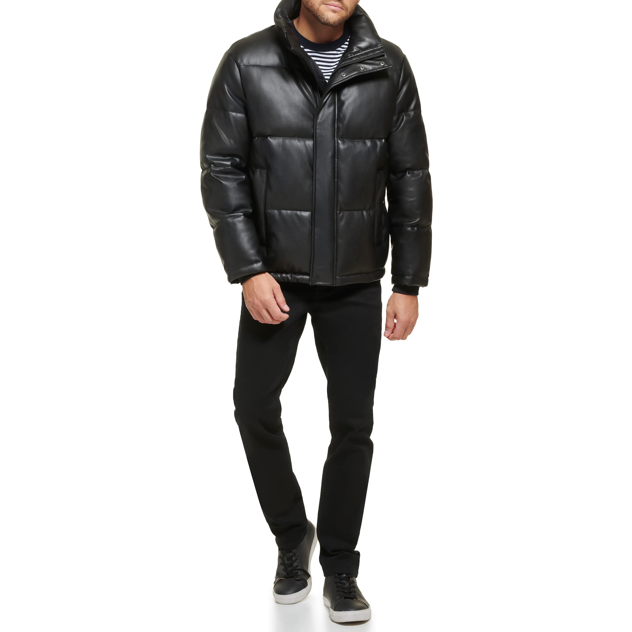 Calvin Klein Men's Classic Faux Leather Puffer Jacket - Lightweight Winter Coat for Men | Water-Resistant, Warm & Stylish | Perfect for Outdoor Activities, Travel & Casual Wear