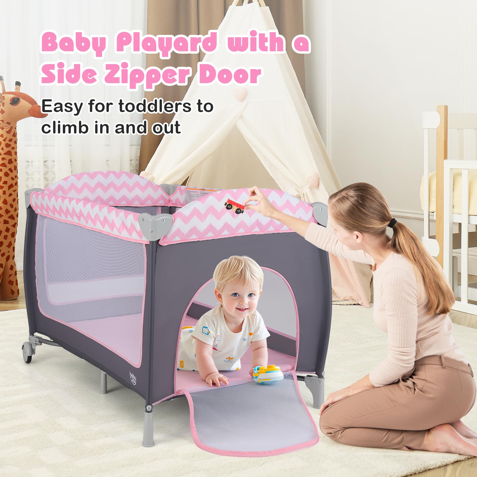 BABY JOY 4-in-1 Portable Playard with Bassinet, Changing Table & Toy Bar - Side Zipper Door, Lockable Wheels & Carry Bag - Indoor, Outdoor & Travel Nursery Center for Babies & Toddlers - Perfect for Home, Travel & Playtime