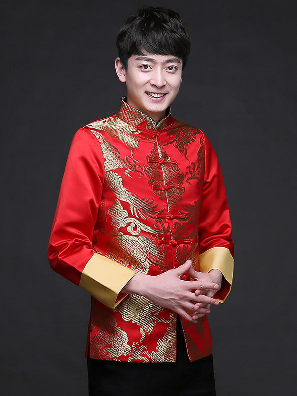 Traditional Chinese Men's Wedding Jacket with Golden Dragon Embroidery - Elegant Groom Attire for Asian Weddings & Cultural Events - Perfect for Ceremonies, Photos, and Special Occasions
