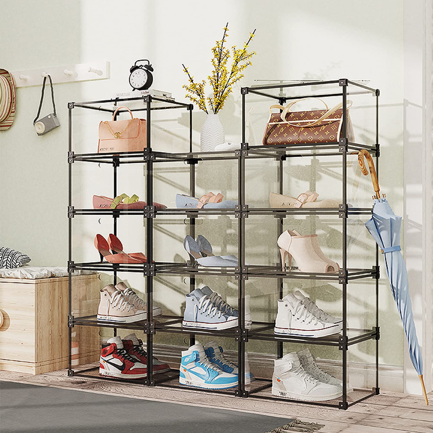 Transparent Magnetic Side Open Plastic Shoe Storage Box - Clear Sneaker Display Case & Closet Organizer (2-Pack, Black) | Perfect for Sneaker Collection, Shoe Rack & Closet Organization