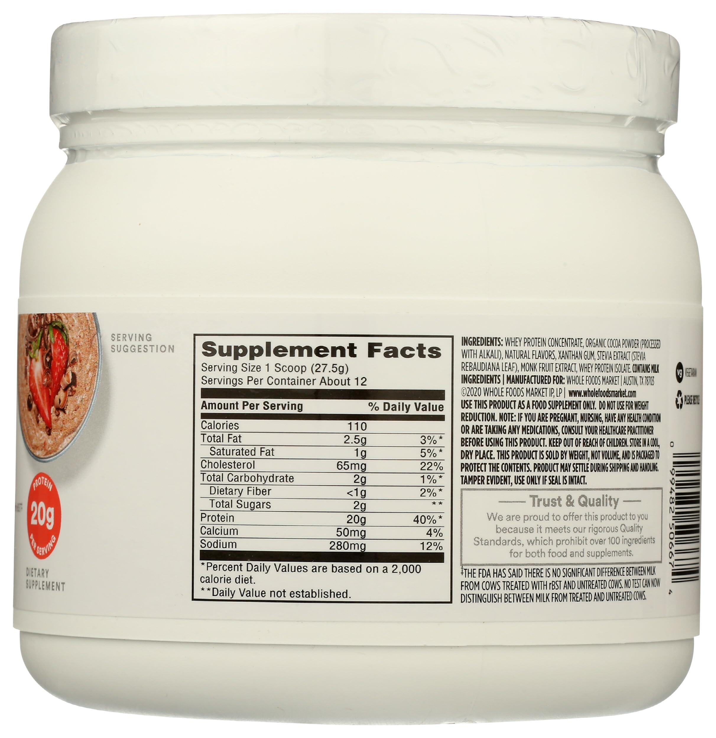 365 by Whole Foods Market Grass-Fed Whey Protein Powder, Chocolate Flavor, 11.6 oz - Perfect for Post-Workout Recovery & Healthy Smoothies