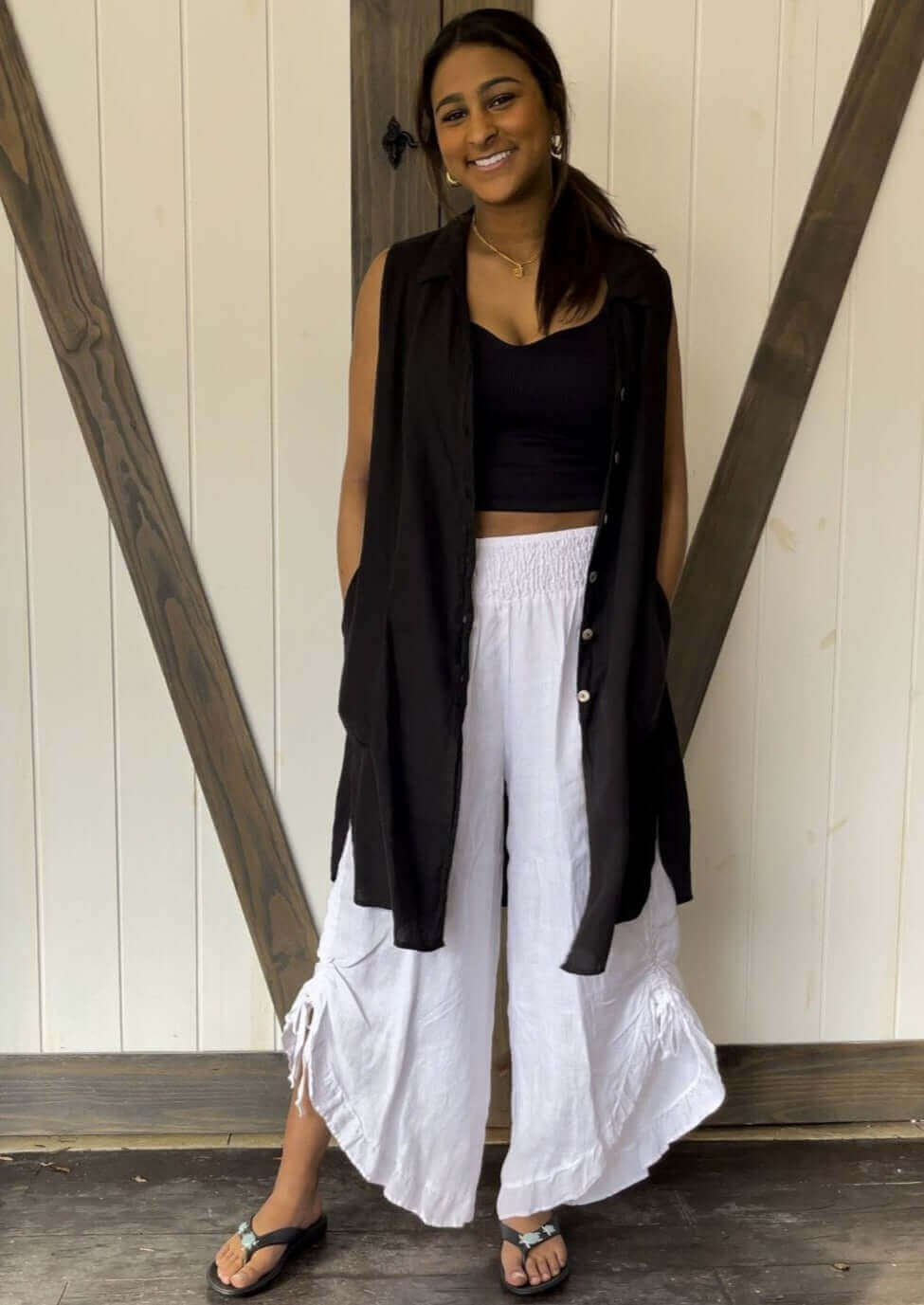 Linen Smocked Waist Gypsy Pants - Made in USA - Bohemian Style Comfortable Summer Beach Pants for Women