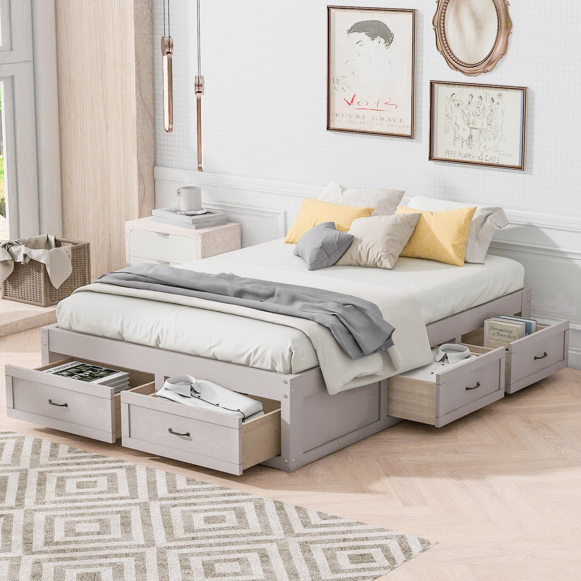 Rustic Wood Platform Bed Frame with 6 Storage Drawers - Full Size No Headboard Bed, Solid Wood Mattress Foundation (No Box Spring Needed) - Antique White Finish for Bedroom, Guest Room or Small Space