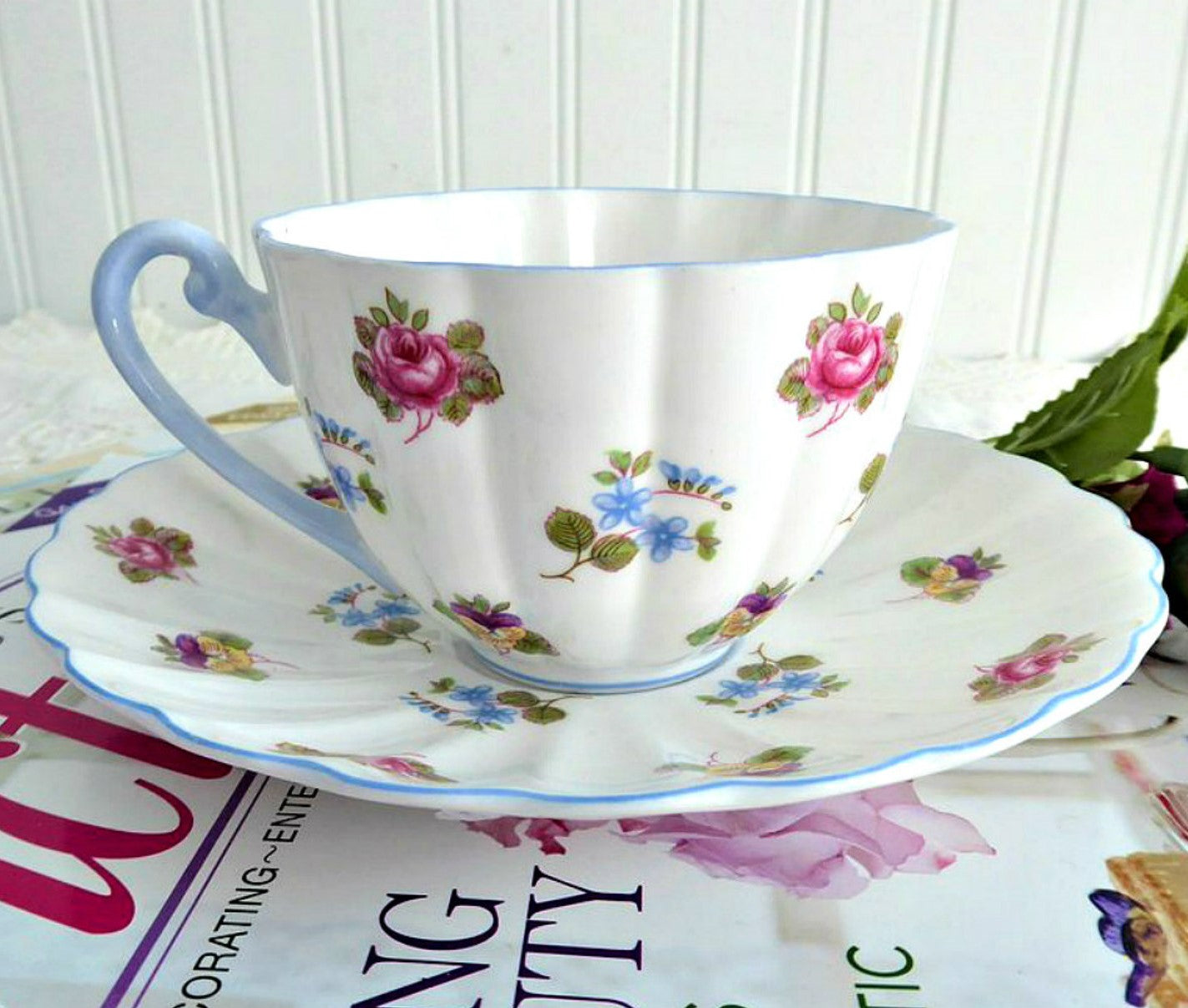Vintage Shelley Rose Pansy Forget Me Not Ludlow Chintz Tea Cup and Saucer Set - Floral English Bone China for Afternoon Tea, Collecting & Home Decor