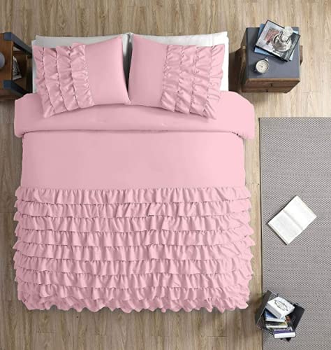 Shabby Chic Pink Ruffled Comforter Set - Queen Size Textured Bedding with Ruffle Trim | Perfect for Master Bedrooms, Guest Rooms & Boho Chic Decor
