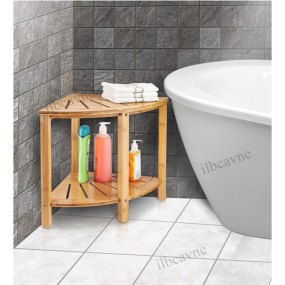 Waterproof Bamboo Shower Bench with Storage Shelf - 2-Tier Wooden Corner Stool for Bathroom, Spa & Sauna | Space-Saving Shower Seat with Storage | Perfect for Small Bathrooms, Relaxing Showers & Steam Rooms (1 Piece)