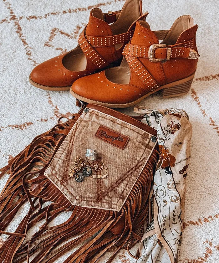 Wrangler Fringe Denim Crossbody Bag for Women - Vintage Style Jean Pocket Purse with Tassels - Perfect for Music Festivals, Concerts & Casual Outings