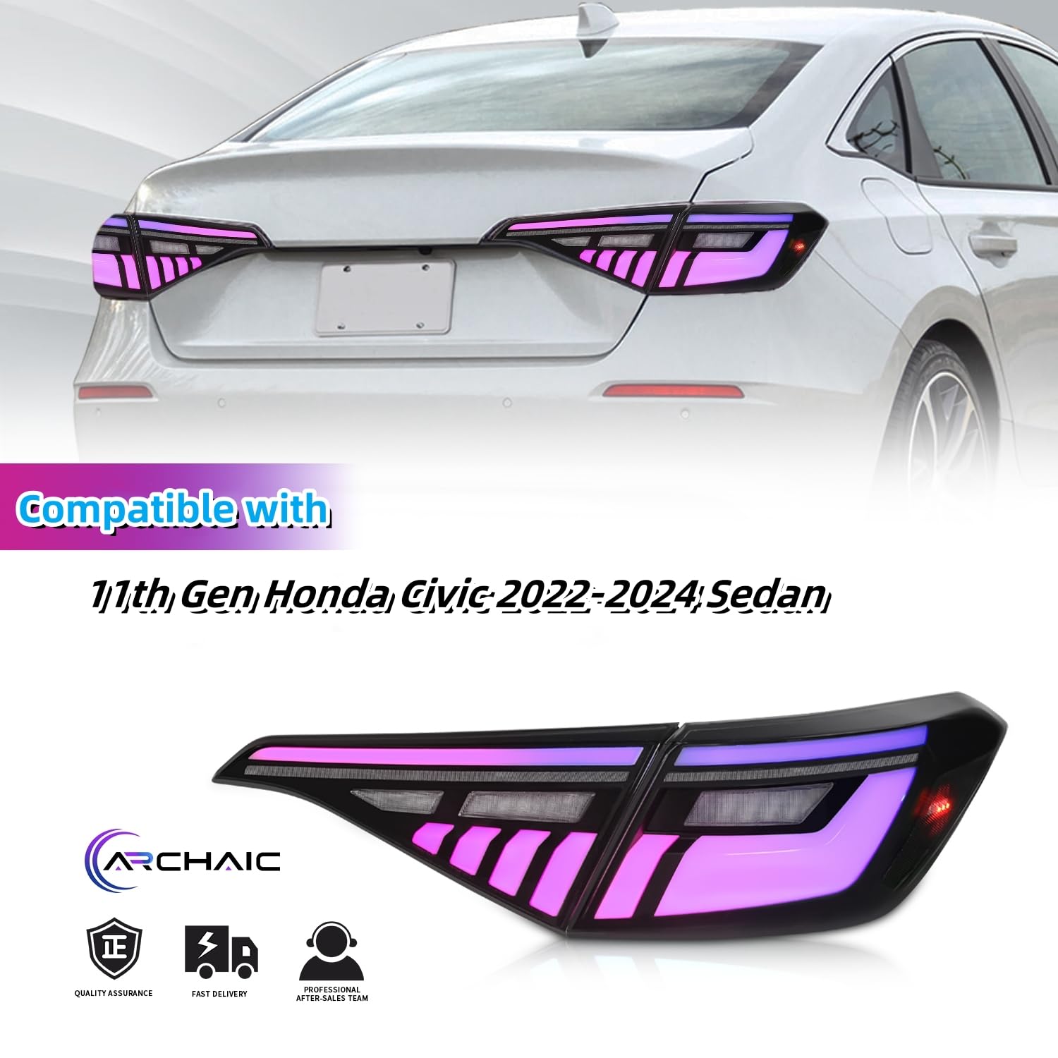 Upgraded LED Tail Lights for 2022-2024 Honda Civic 11th Gen Sedan - Colorful Dynamic Animation DRL & Sequential Turn Signals (Pair) - Perfect for Night Driving and Custom Car Styling