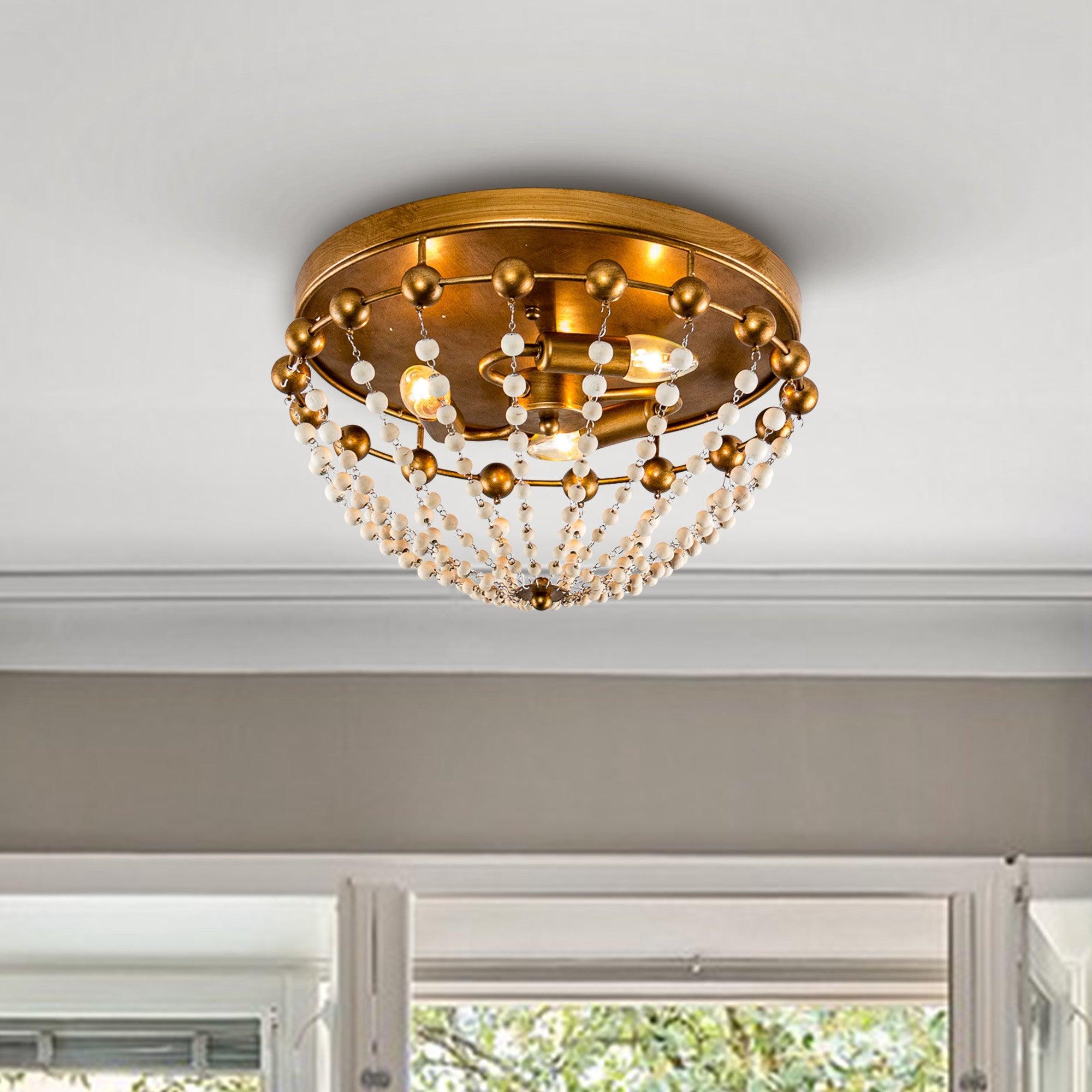 3-Light Golden Bohemian LED Flush Mount Ceiling Light - Modern & Stylish Lighting for Living Room, Bedroom, or Dining Area