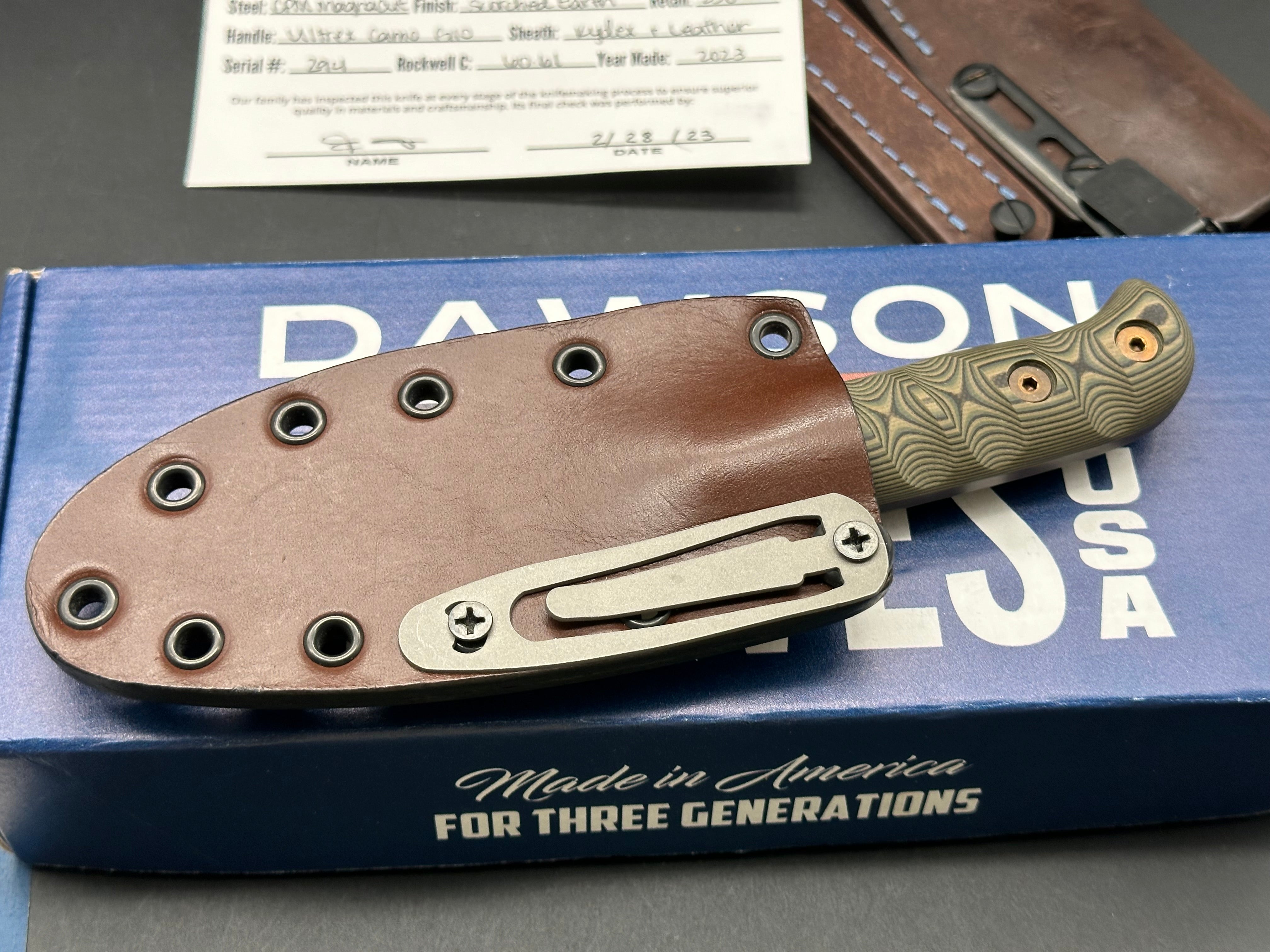Dawson Deep Notch Magnacut Knife with Ultra Camo Scales & Scorched Earth Blade - Custom Oak City Leather Sheath | Hunting, Camping, Survival Gear & Outdoor EDC Accessories