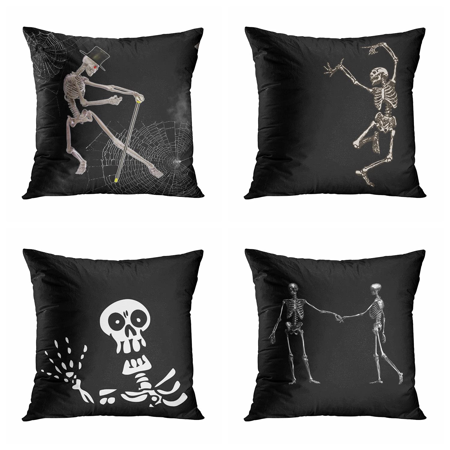 Set of 4 Halloween Dancing Skeleton Throw Pillow Covers 20x20 Inch - Square Decorative Cushion Covers for Sofa, Bed, Couch - Perfect for Spooky Home Decor & Seasonal Living Room Accents
