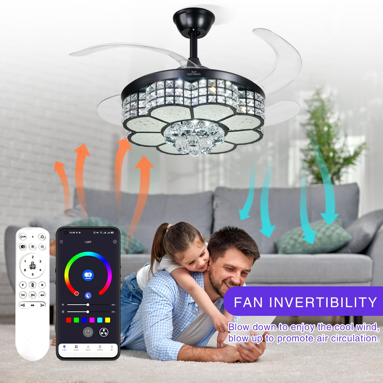 BAYSQUIRREL Retractable Crystal Ceiling Fan with Light - Bluetooth Smart Ceiling Fan with Speaker, Remote & App Control, 6 Speed Reversible Blades, RGB LED Dimmable Chandelier - Perfect for Living Room, Bedroom, and Dining Room