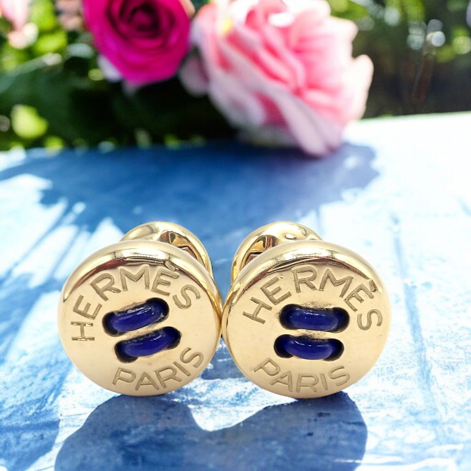 Vintage Authentic Hermes Paris 18k Yellow Gold Men's Lapis Button Cufflinks - Luxury Collectible Jewelry for Formal Events & Gifts