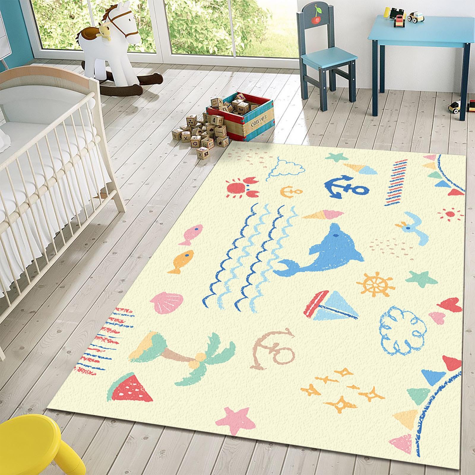 Handmade Cute Cartoon Whale Area Rug - Non-Slip Soft Machine Washable Nursery Carpet for Kids Room, Living Room & Bedroom Decor - 5x7ft - Perfect for Playtime, Storytime & Cozy Floor Activities