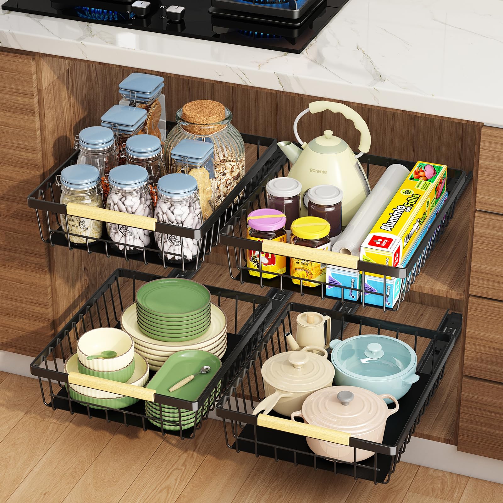 AUFWORLD 2 Pack Heavy Duty Pull Out Cabinet Organizer with Adhesive Nano Film - Slide Out Drawers for Kitchen Cabinets, Pantry & Bathroom Storage - Perfect for Spice Racks, Under Sink Organization & Closet Shelving (Black)