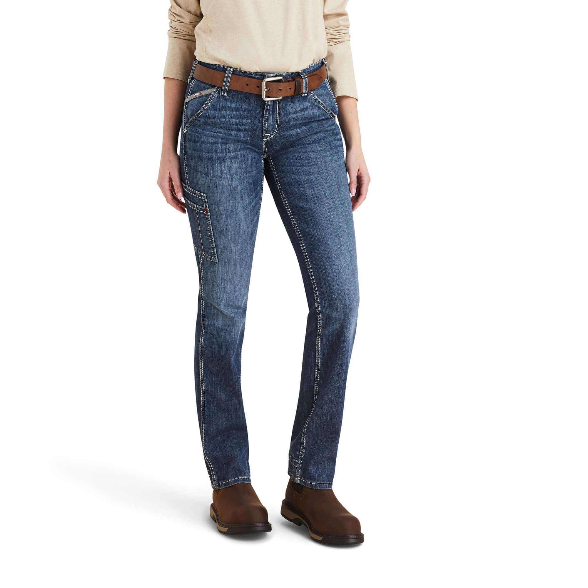 Ariat Women's FR Perfect Rise DuraLight Stretch Straight Leg Jeans with Cell Phone Pocket - Comfortable Work Pants for Cowgirls, Ranchers & Outdoor Enthusiasts
