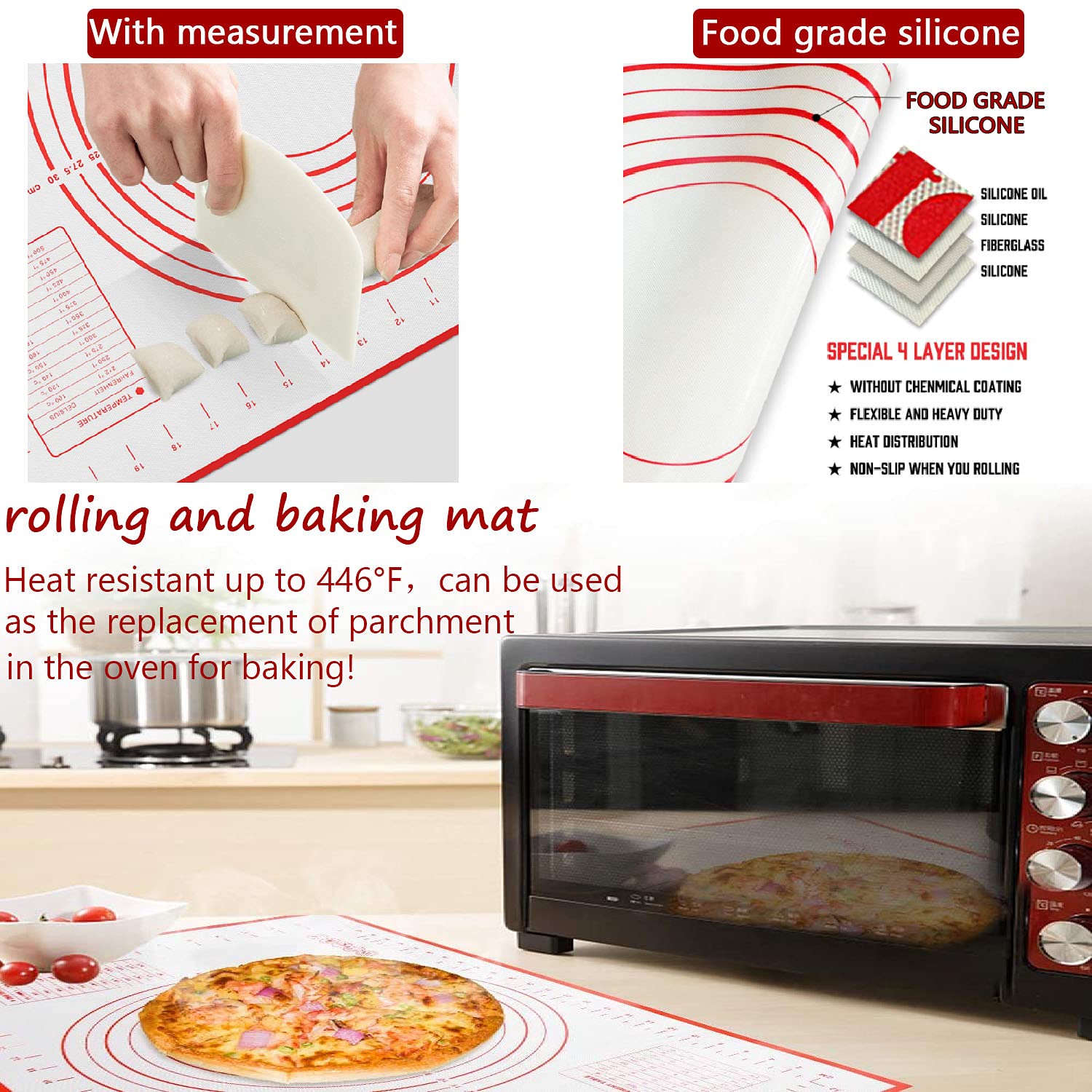 Non-Slip Silicone Pastry Mat for Rolling Dough, Fondant & Pie Crust - Extra Thick Baking Sheet, Oven Safe Counter Mat (16