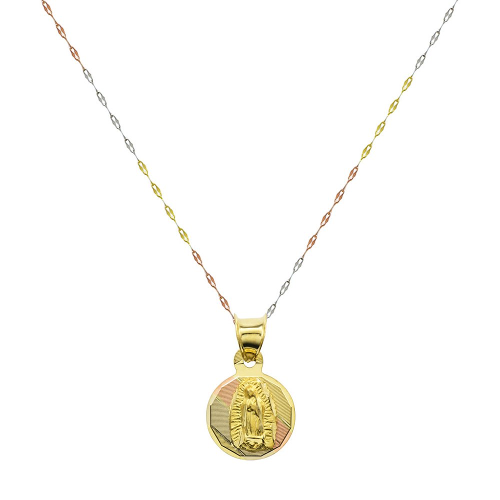 14K Tri-Color Gold Virgin Mary Guadalupe Charm Pendant Necklace with 1.0mm Italian Chain - Religious Jewelry for Women, Baptism Gift, First Communion, Catholic Faith Accessories
