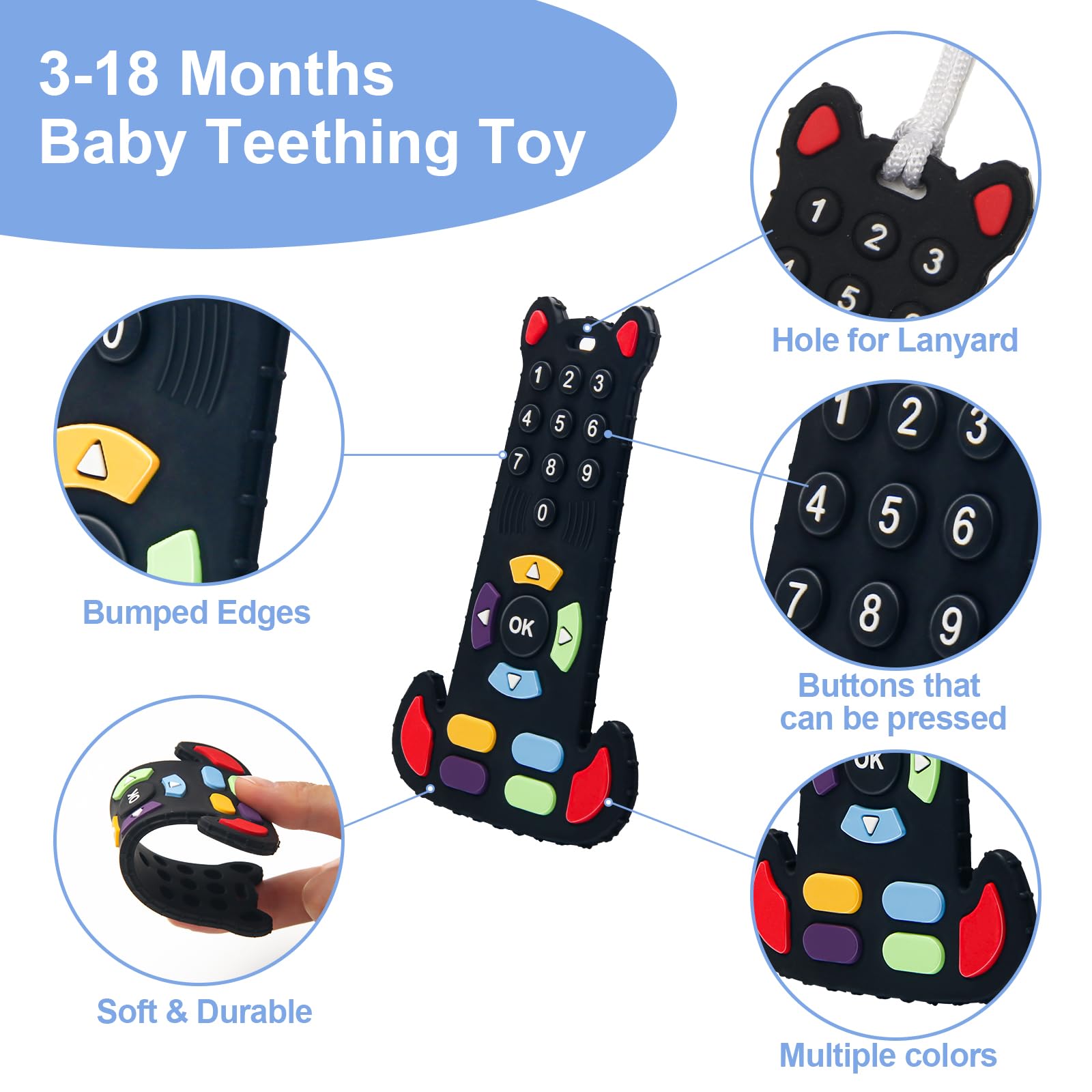 Wiwaplex Baby Teething Toys for 3-18 Months - 3 Pack Food Grade Silicone Teether, BPA Free Chew Toys in TV Remote Shape (Black) - Perfect for Soothing Sore Gums at Home & On-the-Go